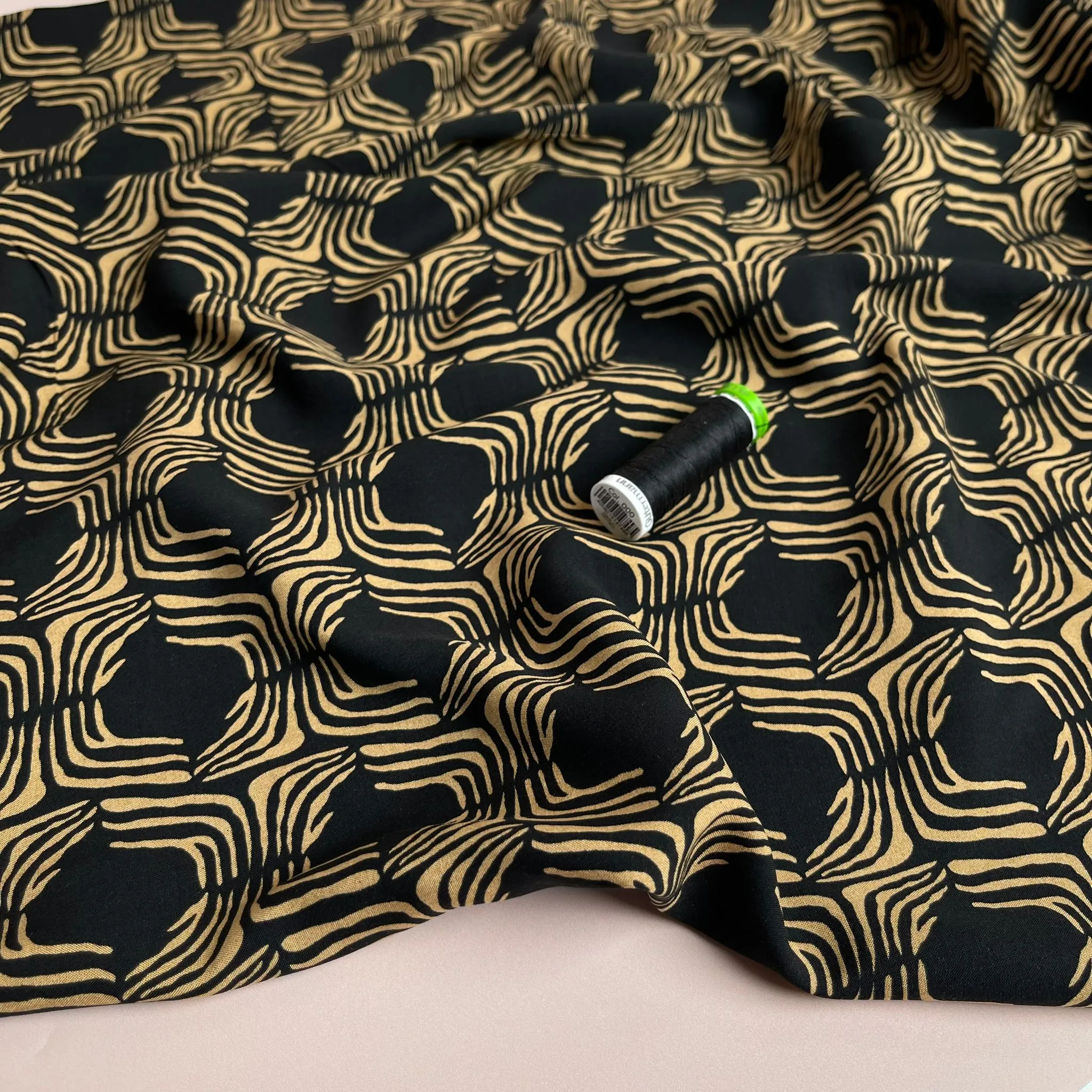 Abstract Lines in Gold on Black Viscose Poplin Fabric