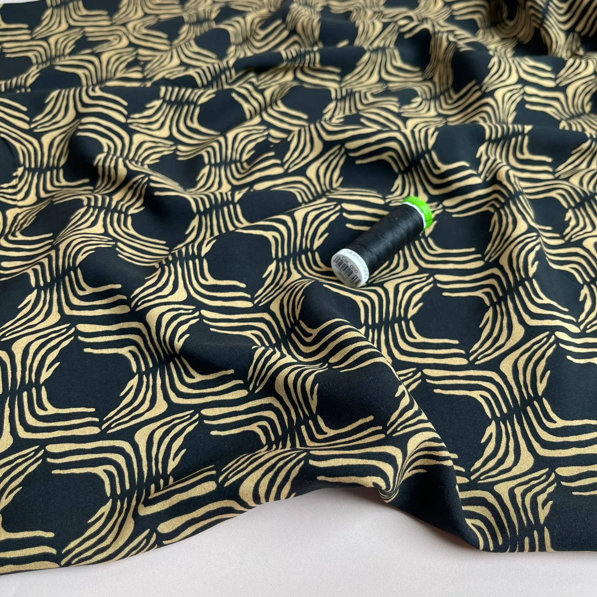 Abstract Lines in Gold on Black Viscose Poplin Fabric