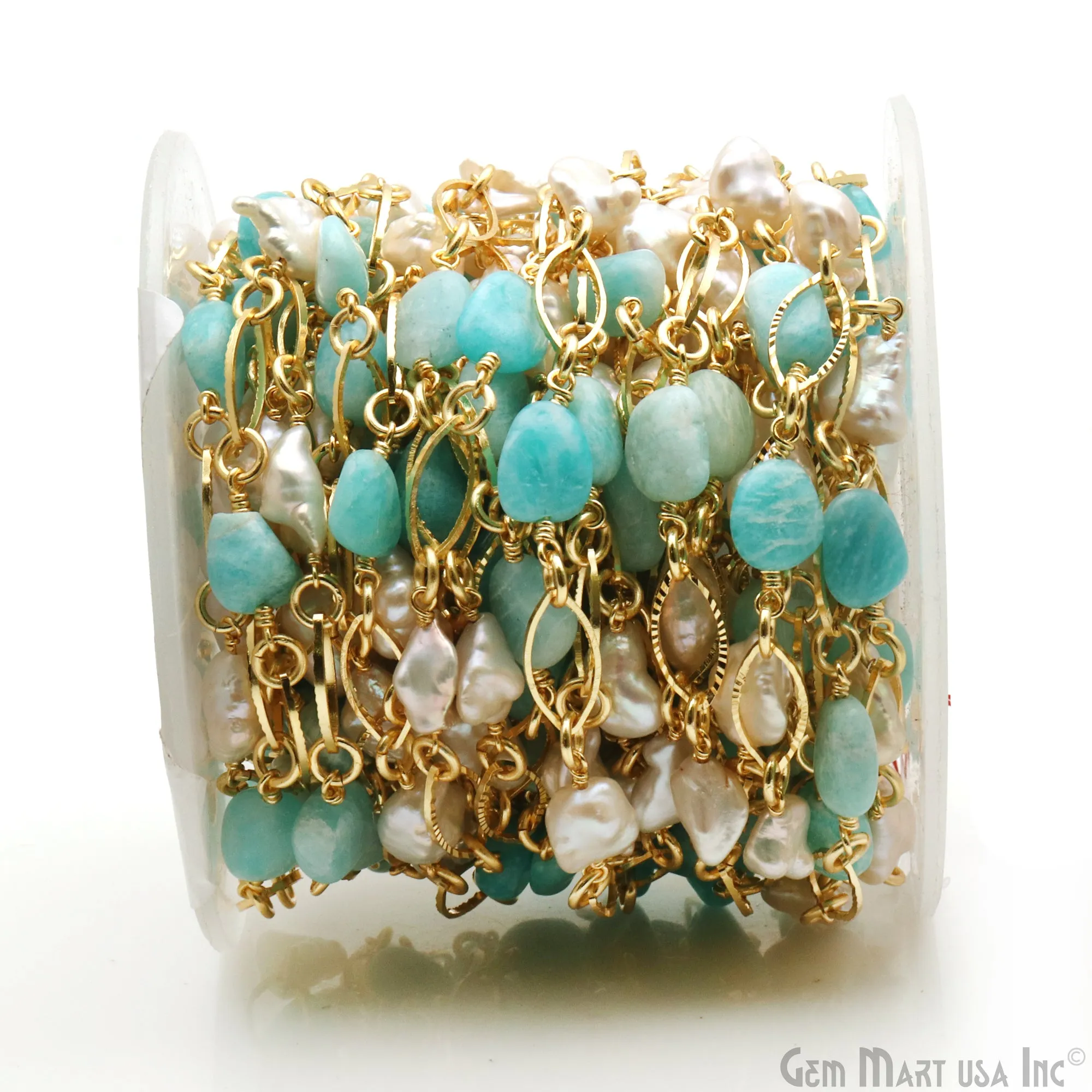 Amazonite & Pearl With Gold Marquise Finding Rosary Chain