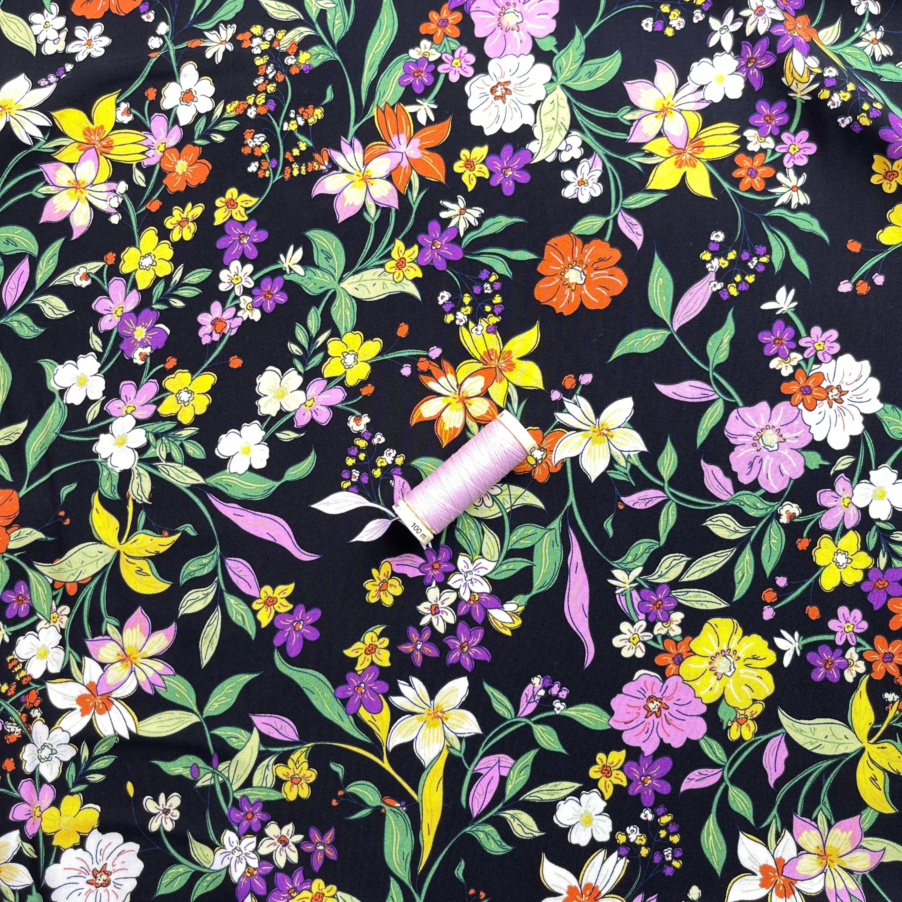 Autumn Flowers Black Viscose Poplin Fabric