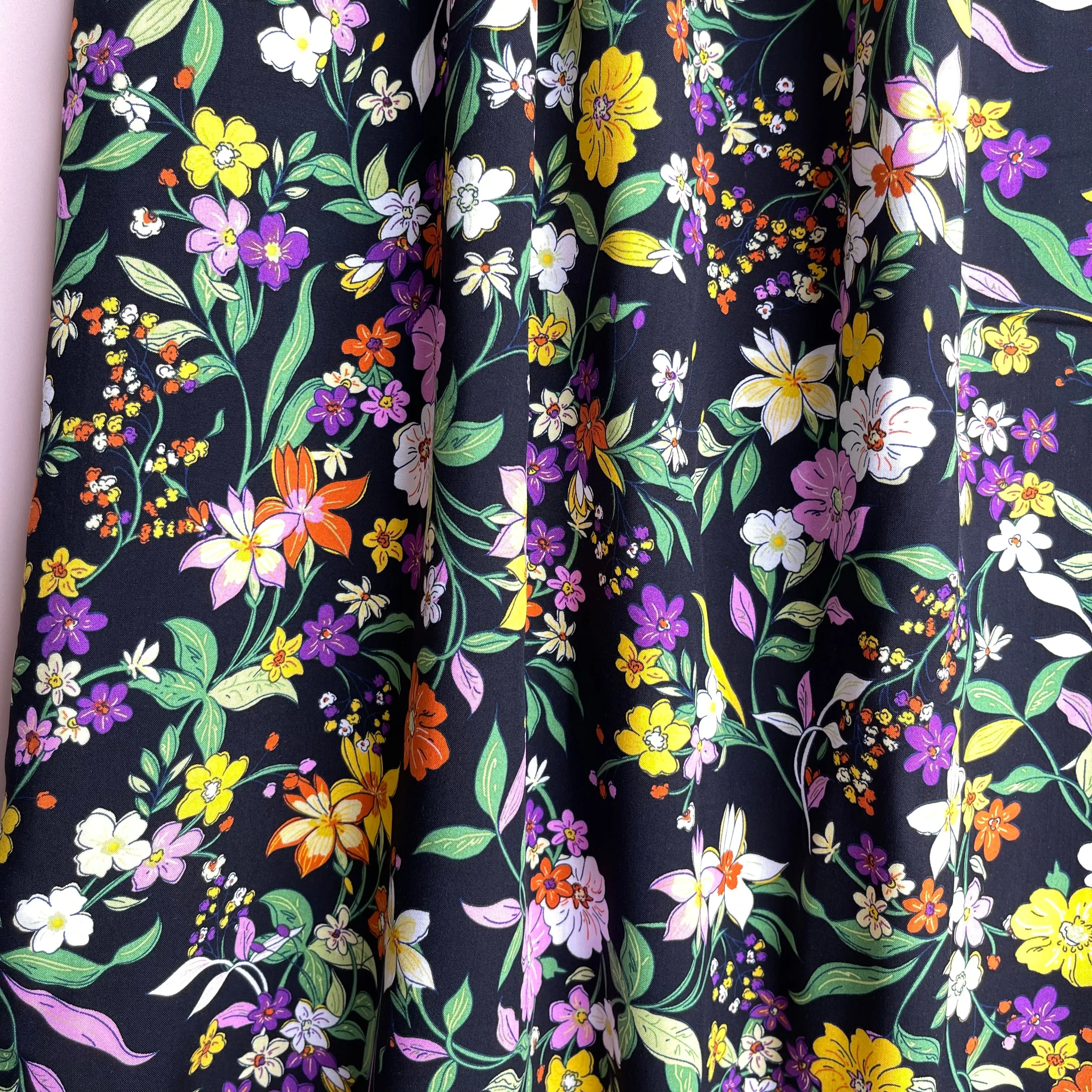 Autumn Flowers Black Viscose Poplin Fabric