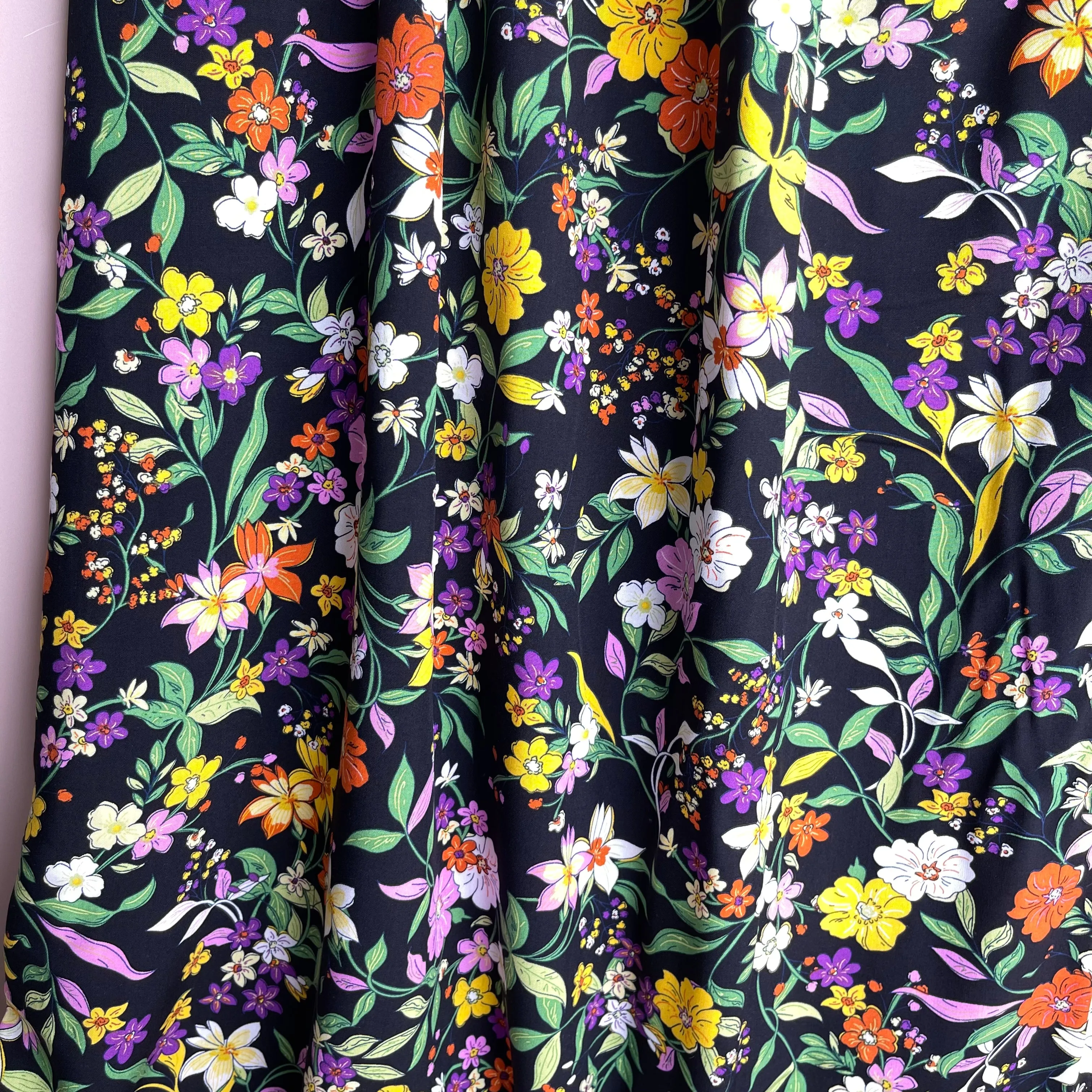 Autumn Flowers Black Viscose Poplin Fabric