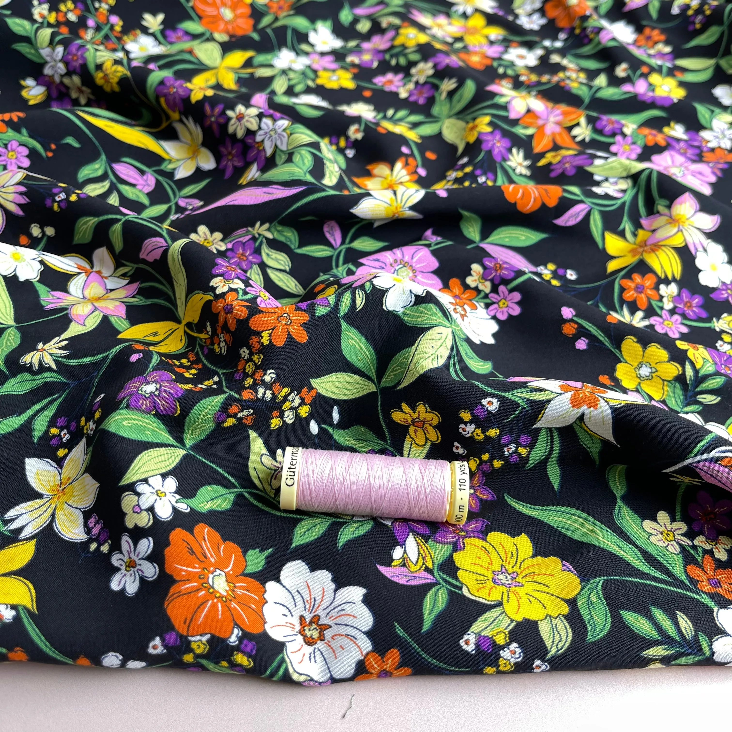 Autumn Flowers Black Viscose Poplin Fabric