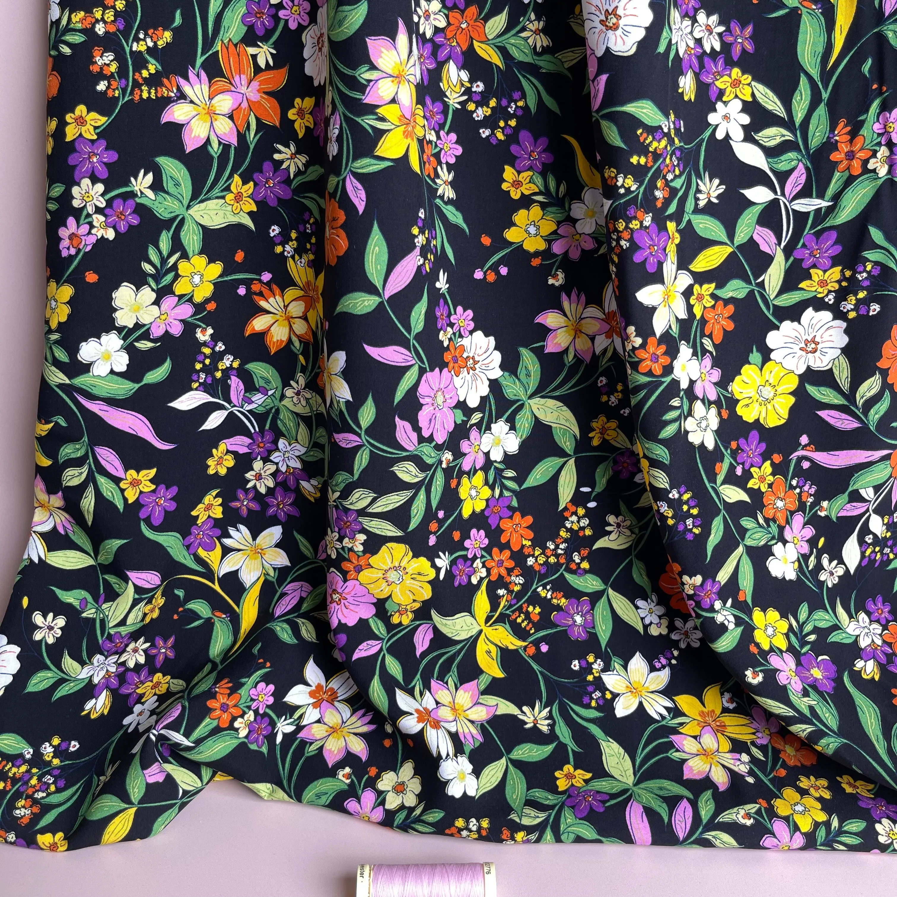 Autumn Flowers Black Viscose Poplin Fabric