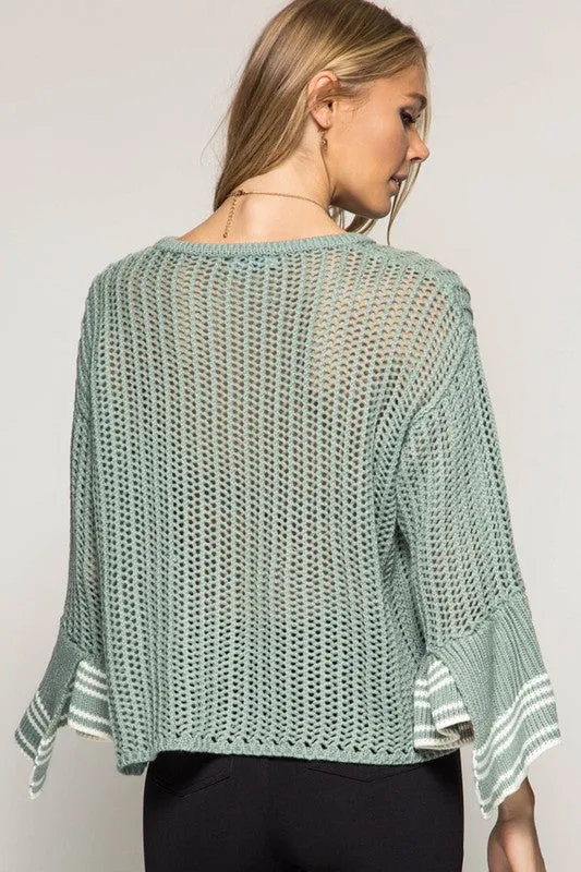 Bell Sleeve Sweater W/ Stripe Detail