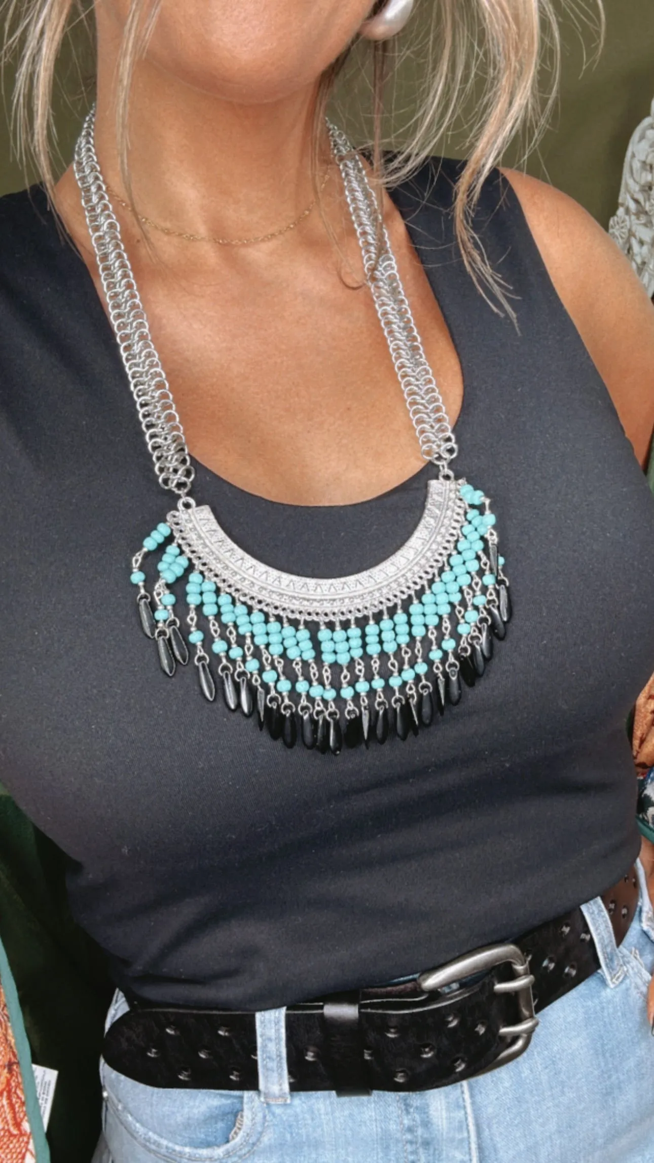 Belle Boho Fringe Bib Necklace, Turquoise