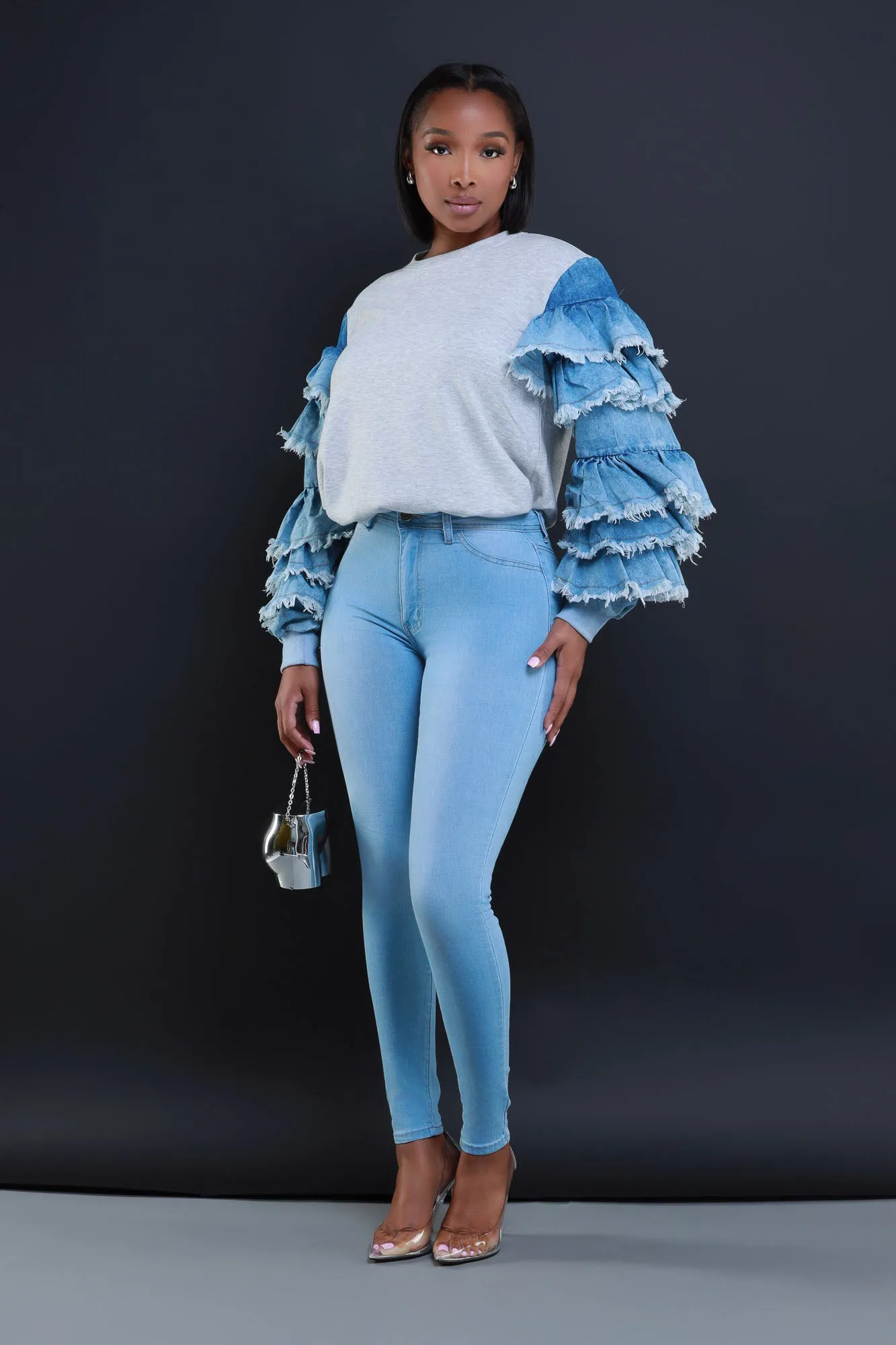 Belong Together Denim Ruffle Sleeve T-Shirt - Grey/Blue