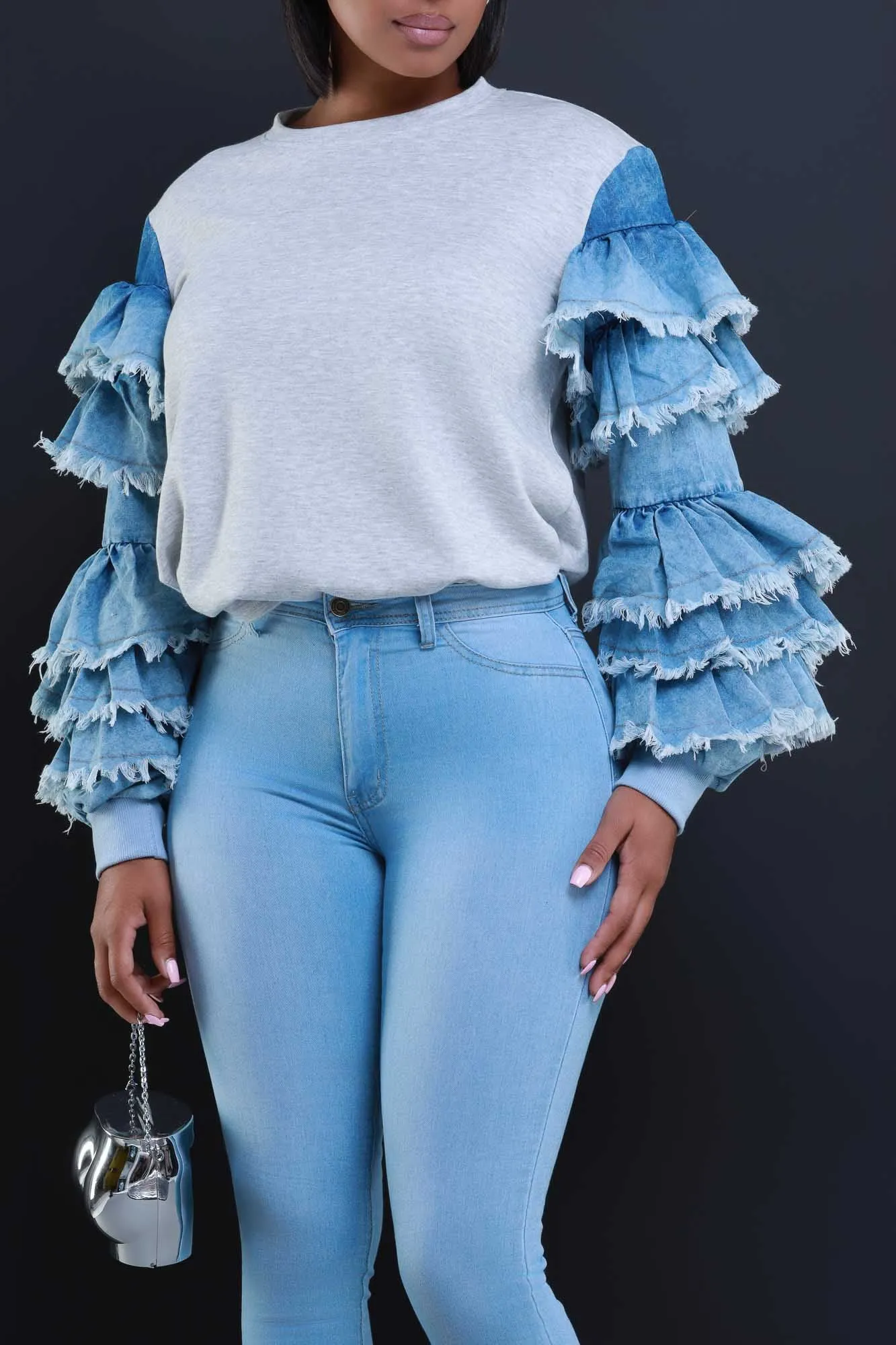 Belong Together Denim Ruffle Sleeve T-Shirt - Grey/Blue