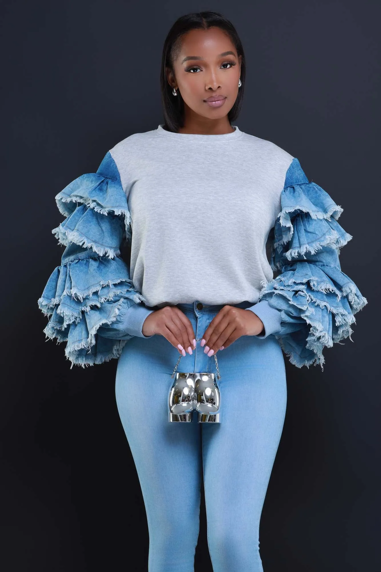 Belong Together Denim Ruffle Sleeve T-Shirt - Grey/Blue