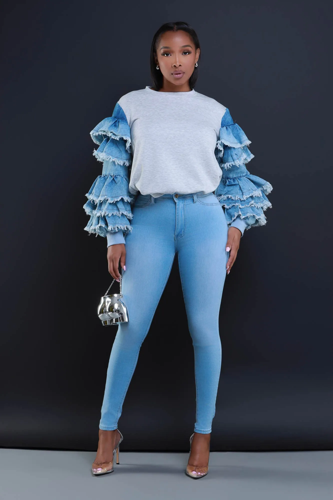 Belong Together Denim Ruffle Sleeve T-Shirt - Grey/Blue