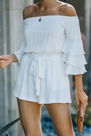 Belted Off-Shoulder Layered Sleeve Romper