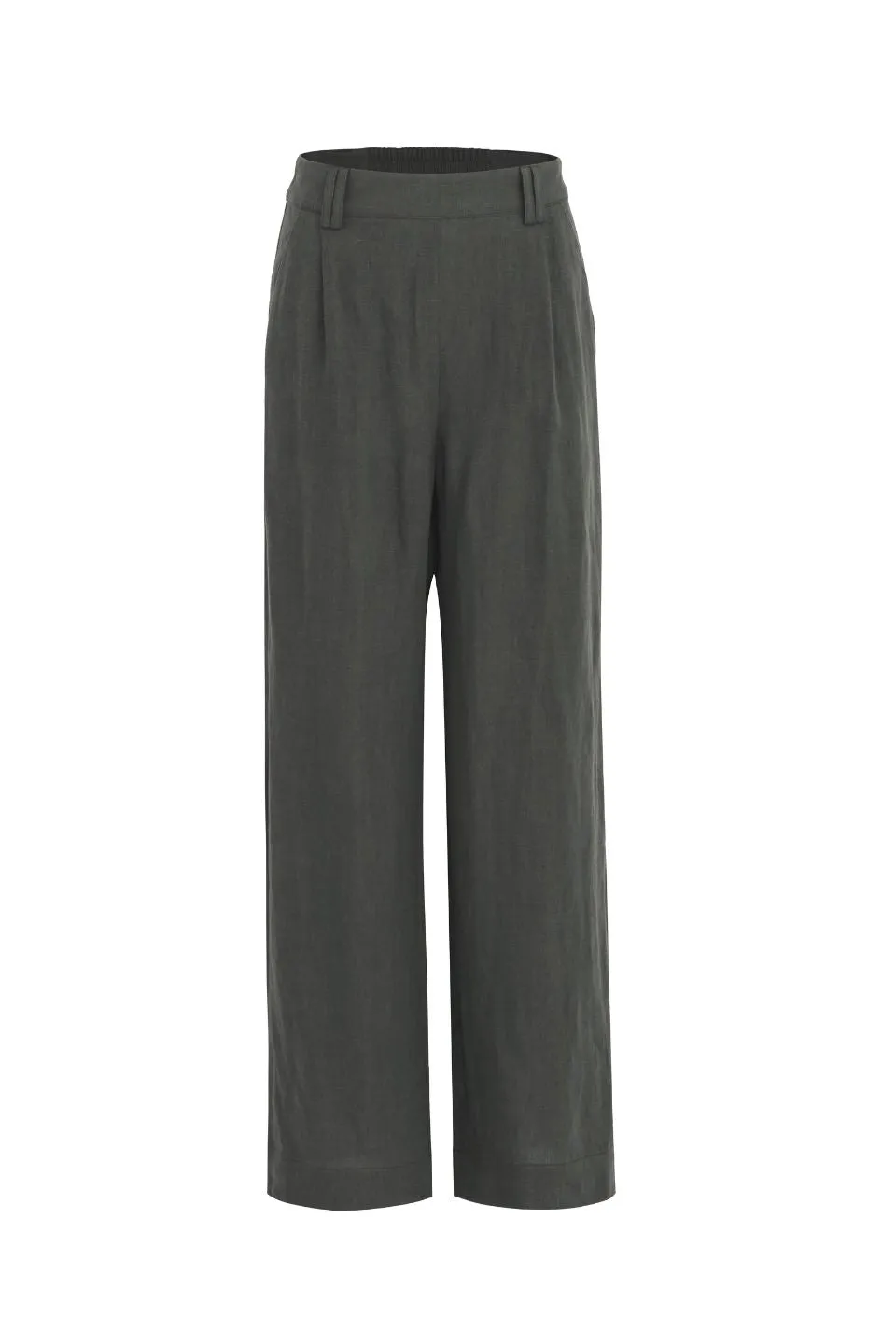 Bestow Dark Olive Linen Elastic Back Wide Leg Pants