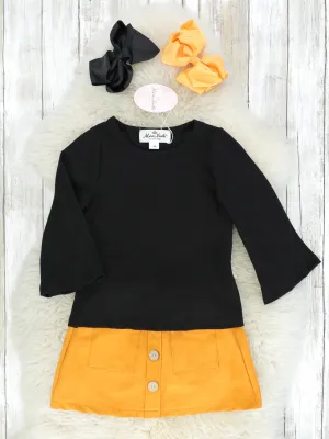 Black Bell Sleeve Top & Suede Mustard Skirt Outfit