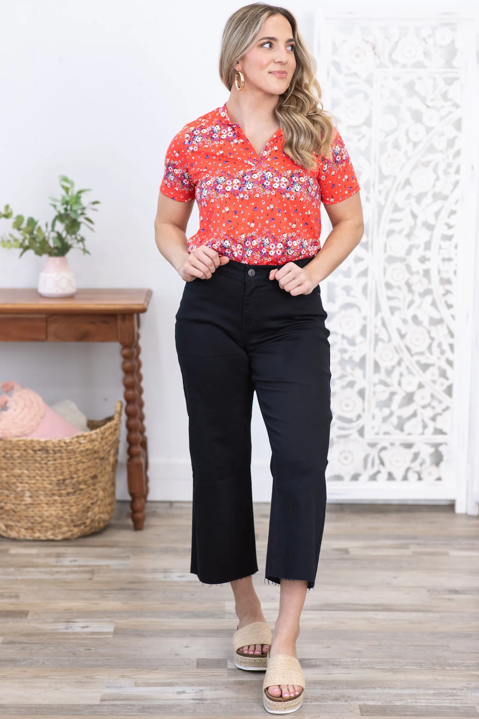 Black Cropped Wide Leg Stretch Pants