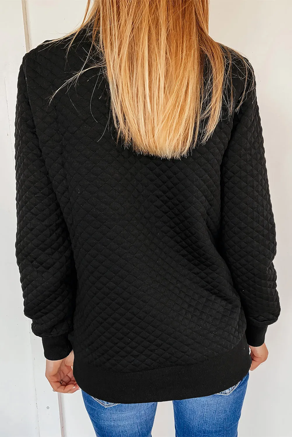 Black Quilted Snaps Stand Neck Sweatshirt with Fake Front Pocket