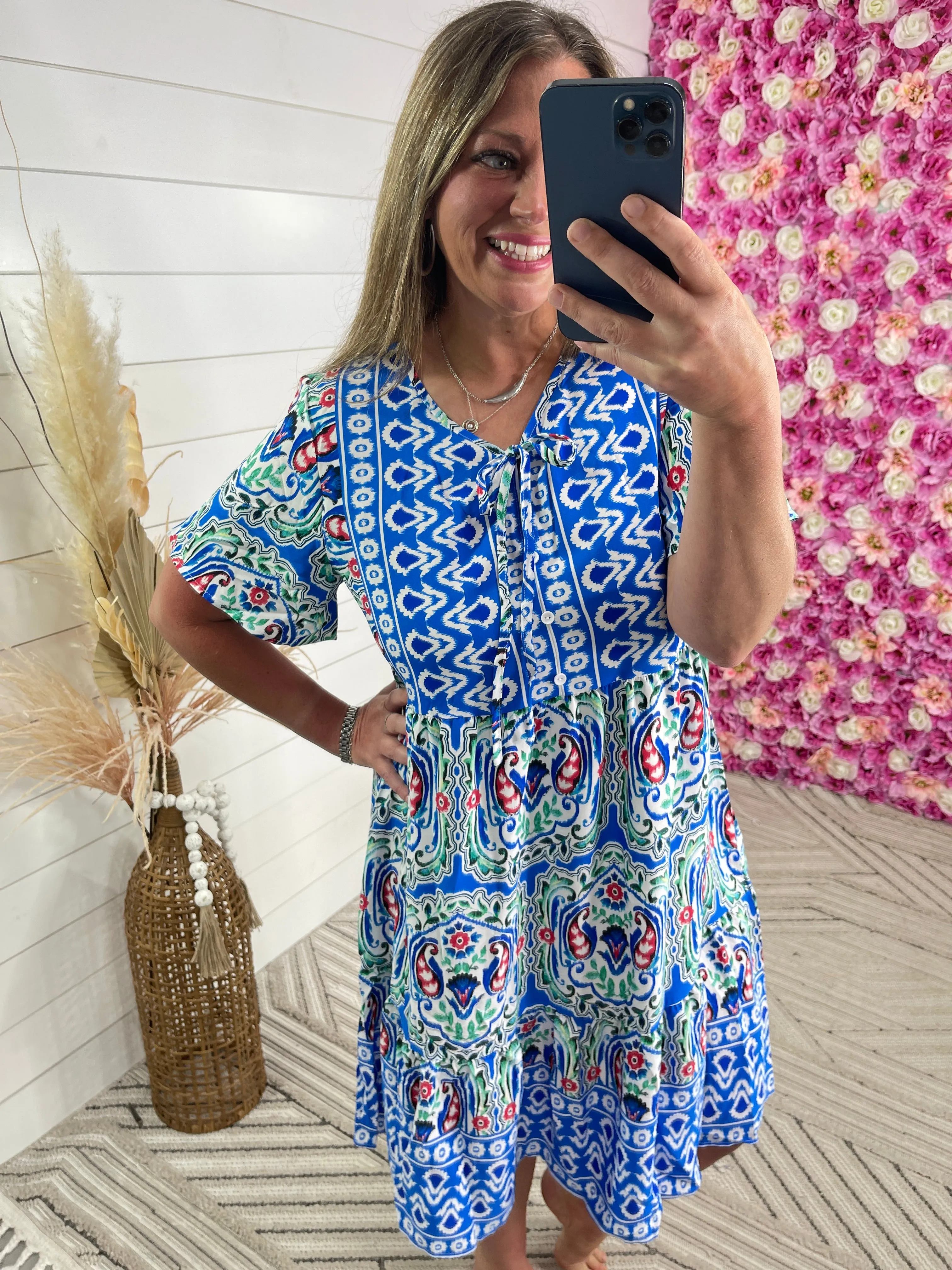 BLUE BOHO PRINT TIE NECK DRESS