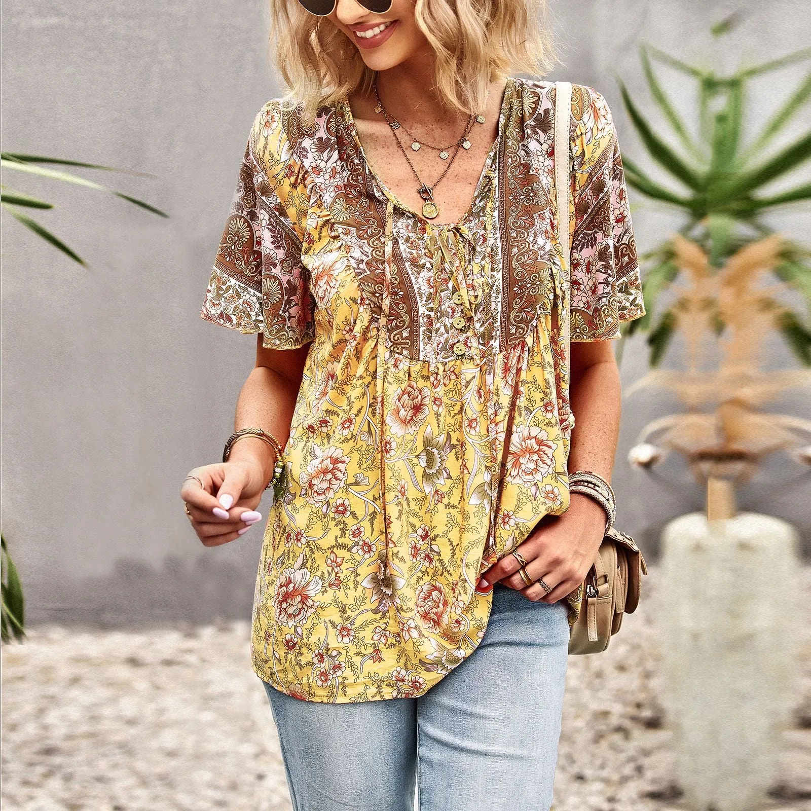 Boho Print Temperament V-Neck Bohemian Shirt Wholesale Womens Tops