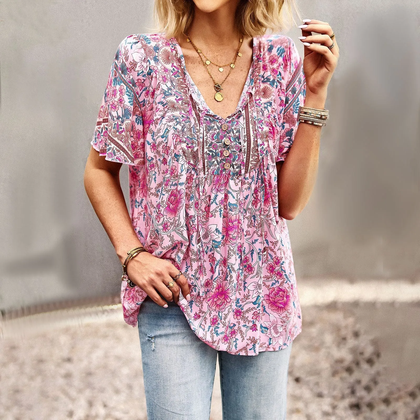 Boho Print Temperament V-Neck Bohemian Shirt Wholesale Womens Tops