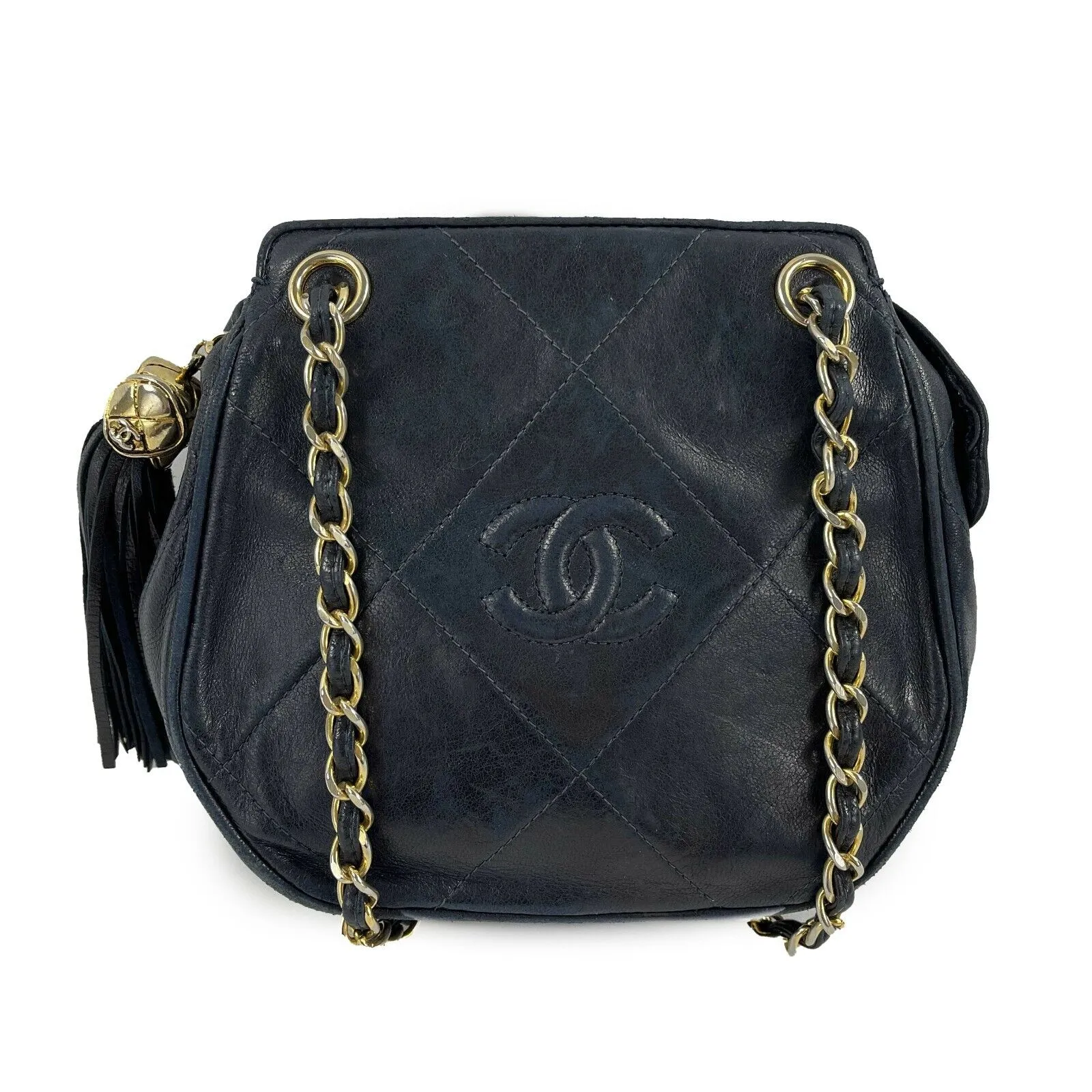 Chanel Navy Blue Diamond Quilted Leather Mini Crossbody Bag with CC Tassel