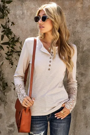 Chic Beige Crochet Lace Hem Sleeve Button Top