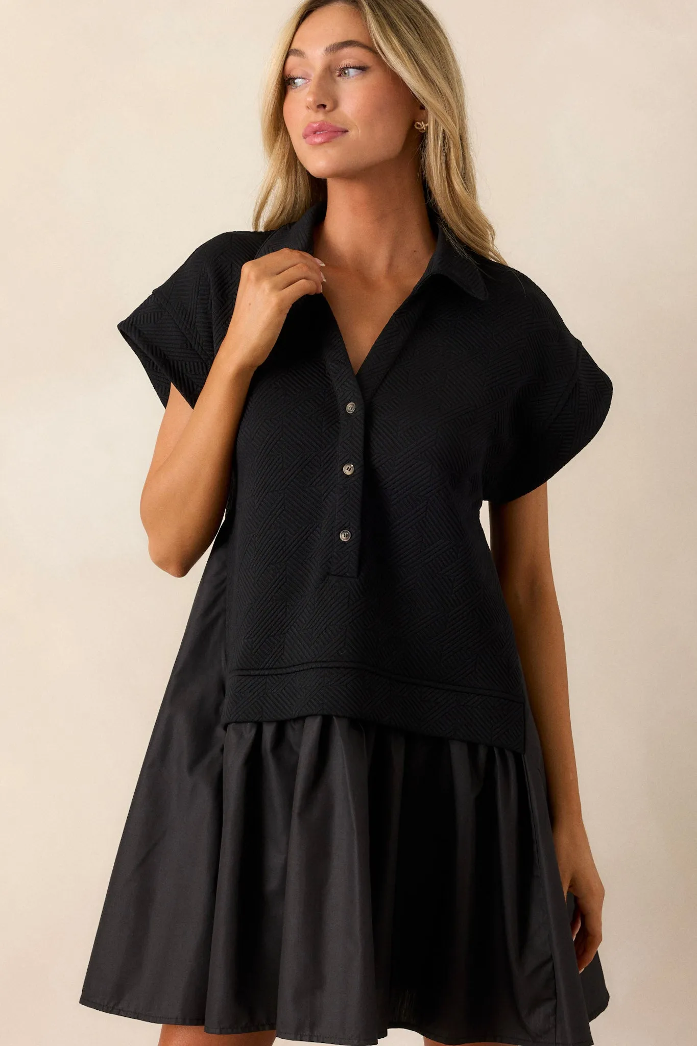 Delightful Drape Black Short Sleeve Quilted Dress