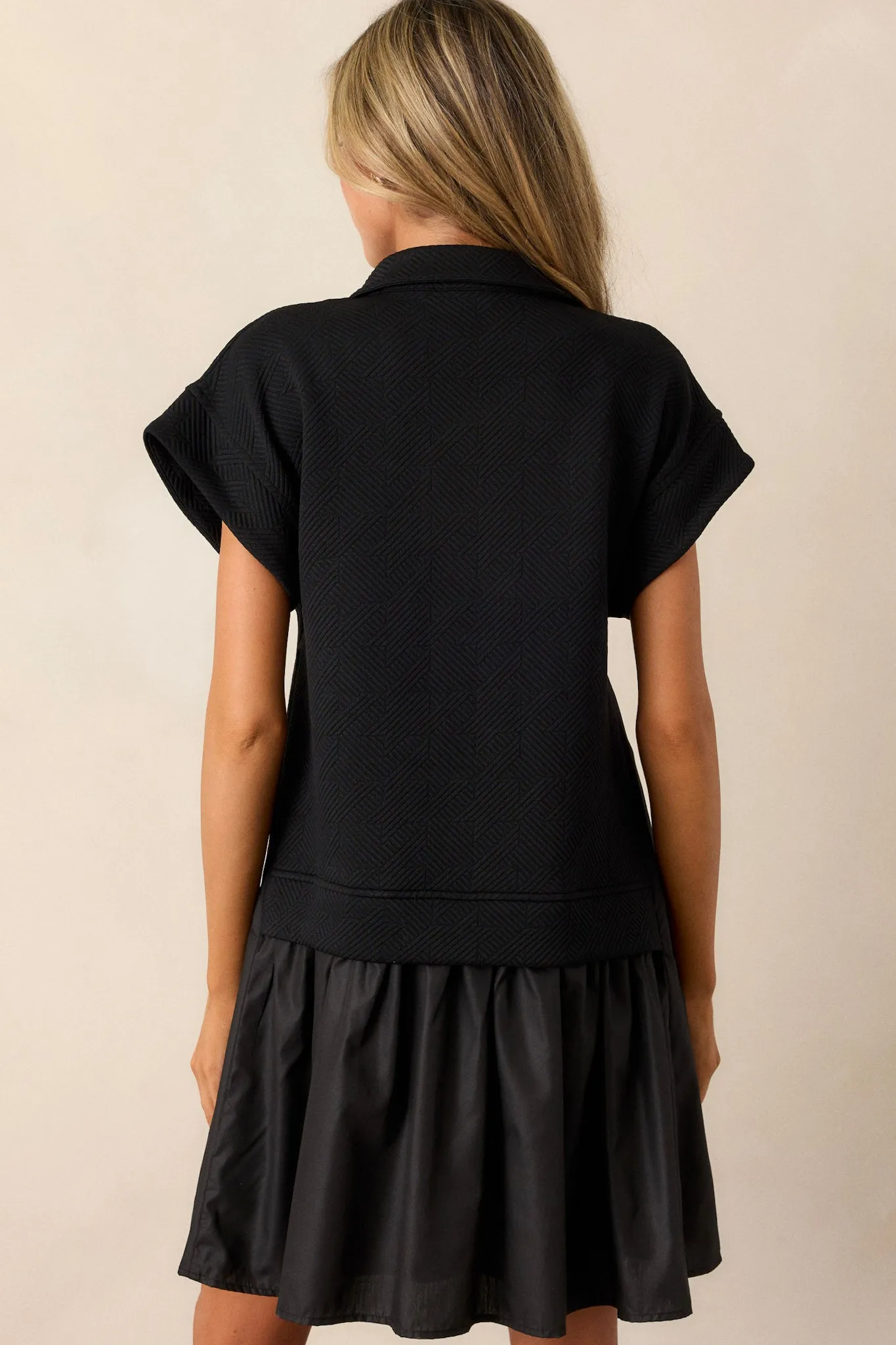 Delightful Drape Black Short Sleeve Quilted Dress