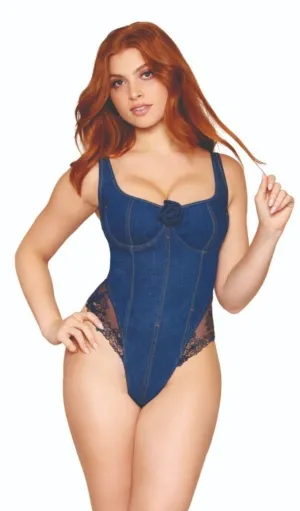 Denim Teddy with Embroidered Lace Accents