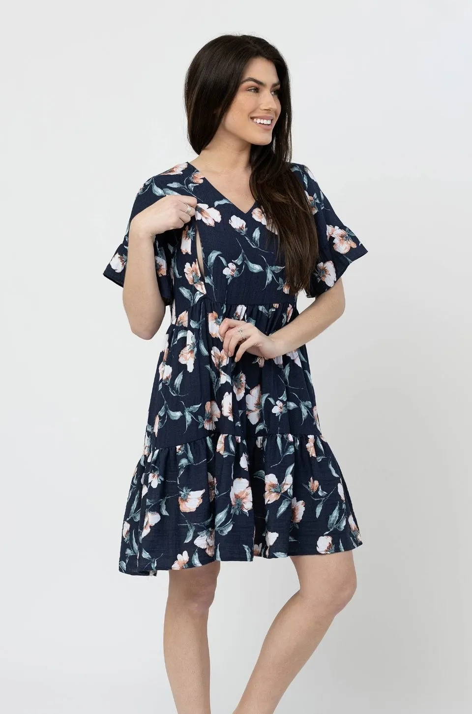 Floral Nursing Dress With Pockets -Bell Sleeve- Navy Floral 2.0