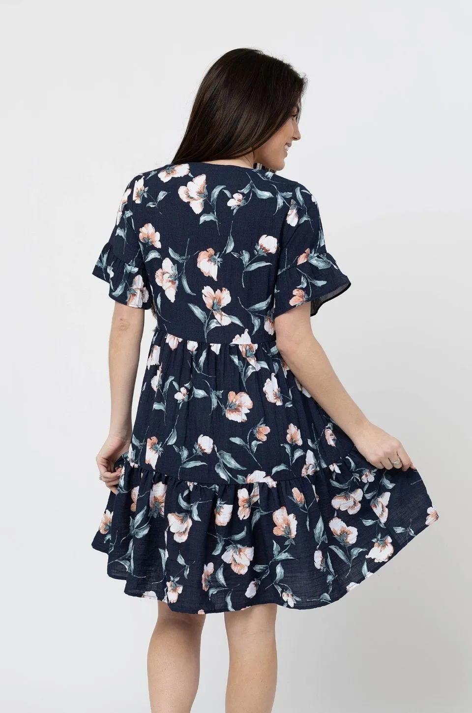 Floral Nursing Dress With Pockets -Bell Sleeve- Navy Floral 2.0