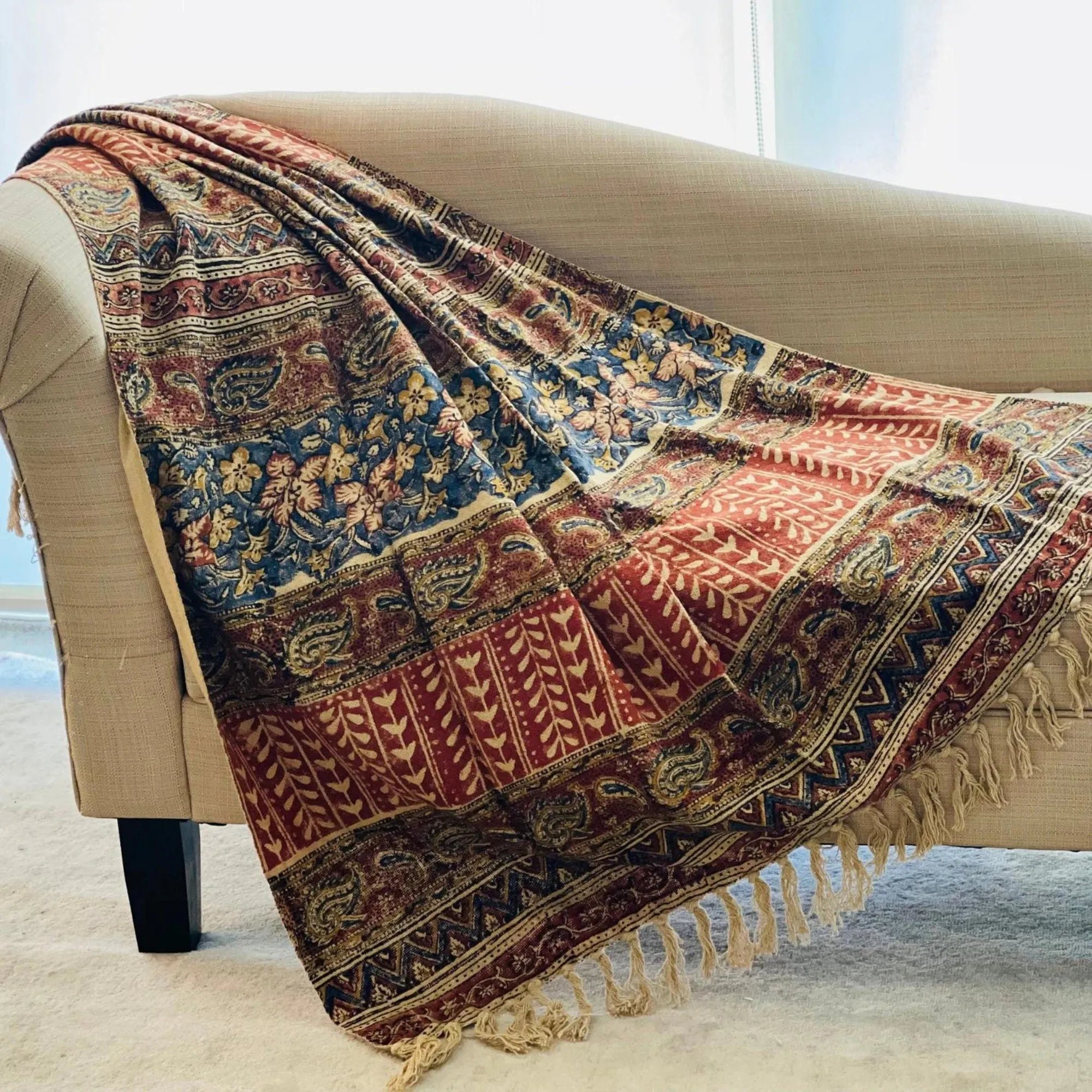 Handmade Rust floral blanket, Boho throw blanket couch,Home decor, Woven blanket for room decor, Sofa throw , Christmas Gift for mom