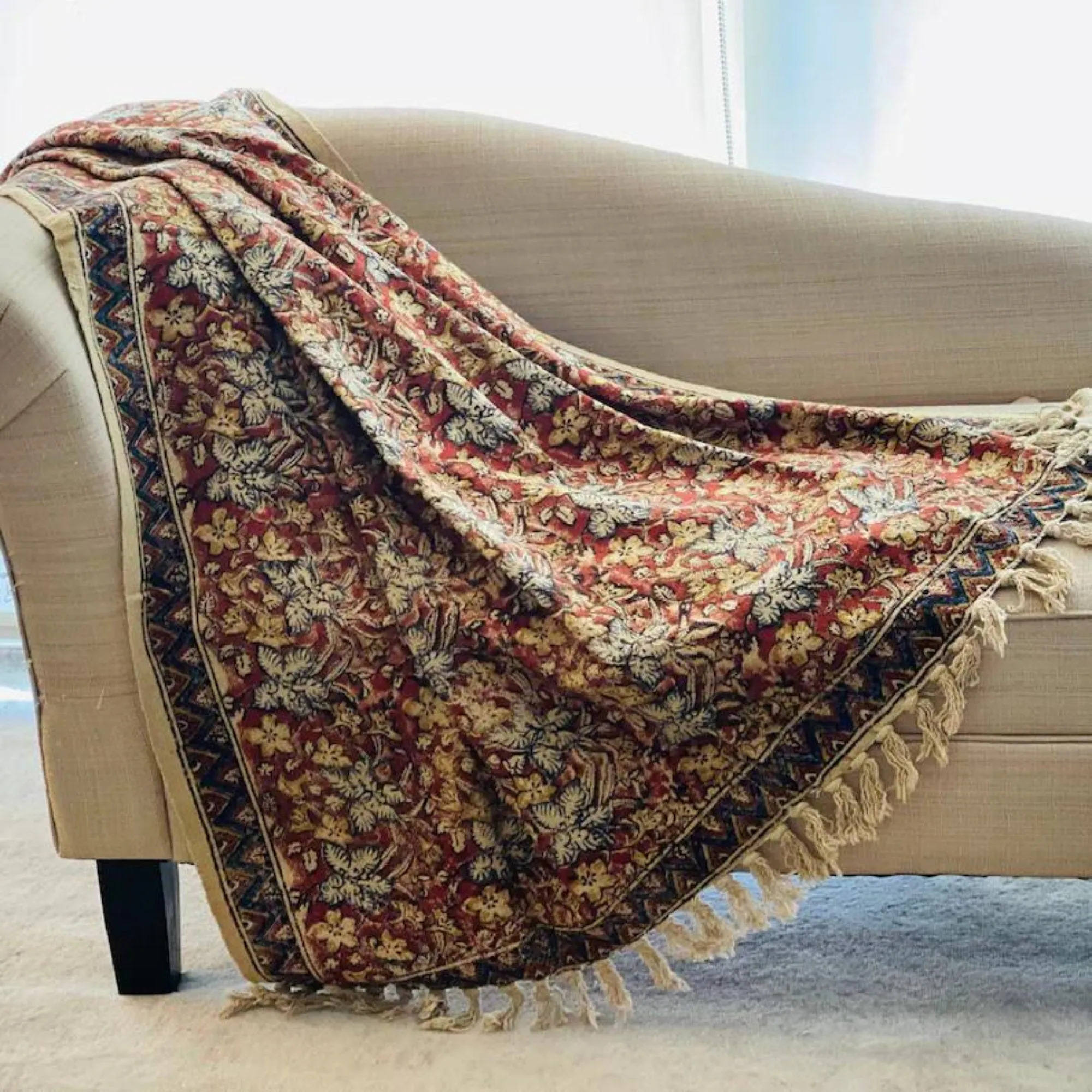 Handmade Rust floral blanket, Boho throw blanket couch,Home decor, Woven blanket for room decor, Sofa throw , Christmas Gift for mom