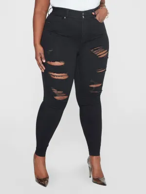 High Rise Comfort Stretch Destructed Jeggings in Black - Tall Inseam