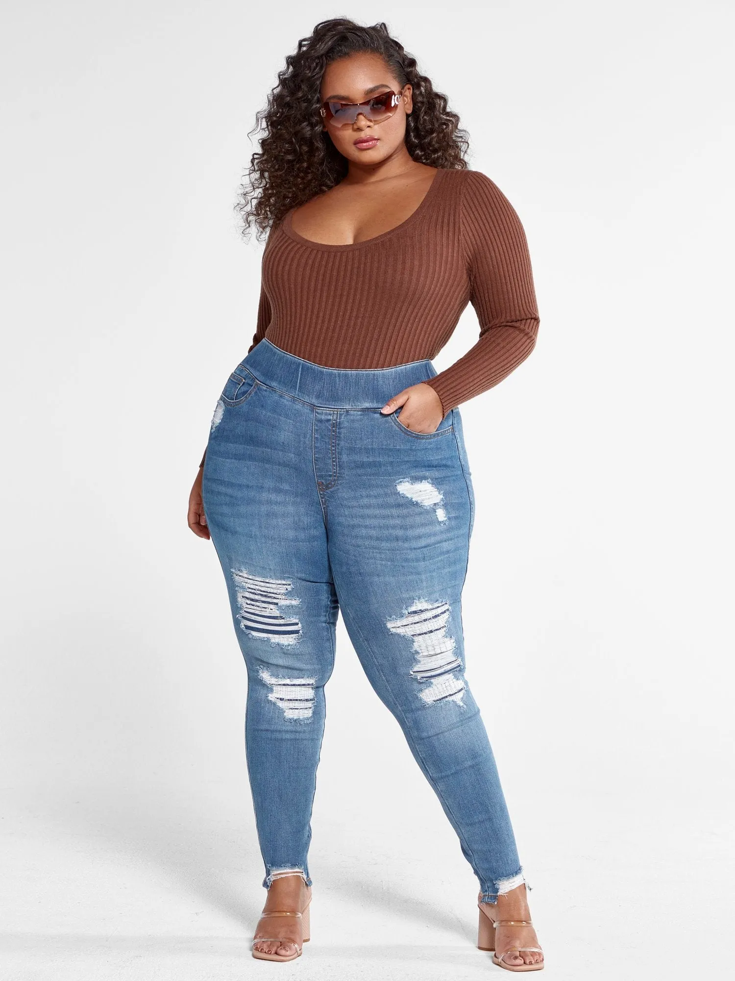 High Rise Medium Wash Destructed Jeggings