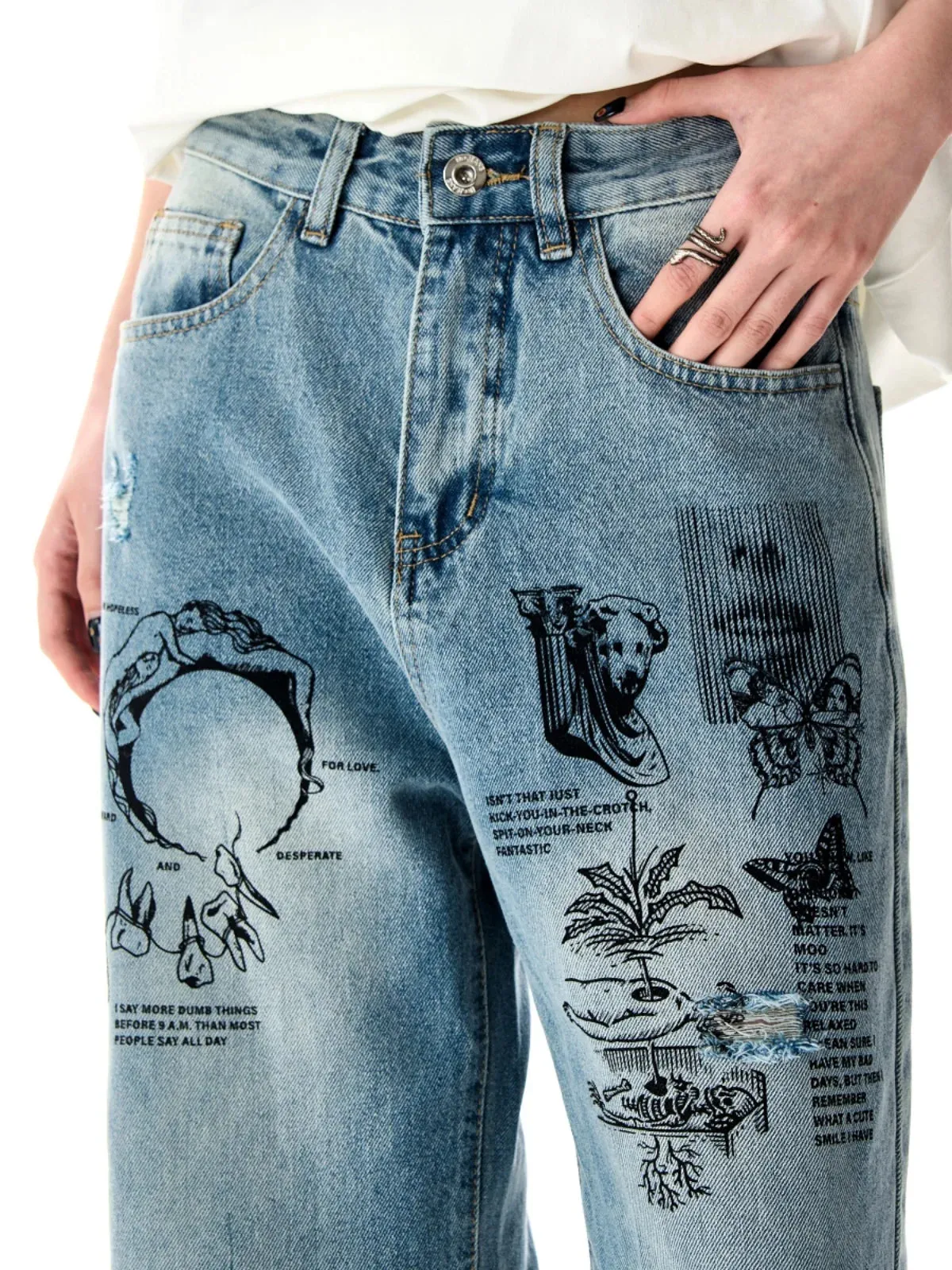 LVSANW 2024  American graffiti printed ripped jeans for men and women, washed and worn loose straight leg wide leg pants