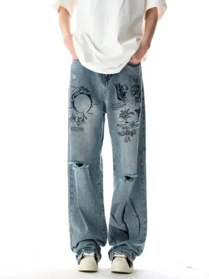 LVSANW 2024  American graffiti printed ripped jeans for men and women, washed and worn loose straight leg wide leg pants