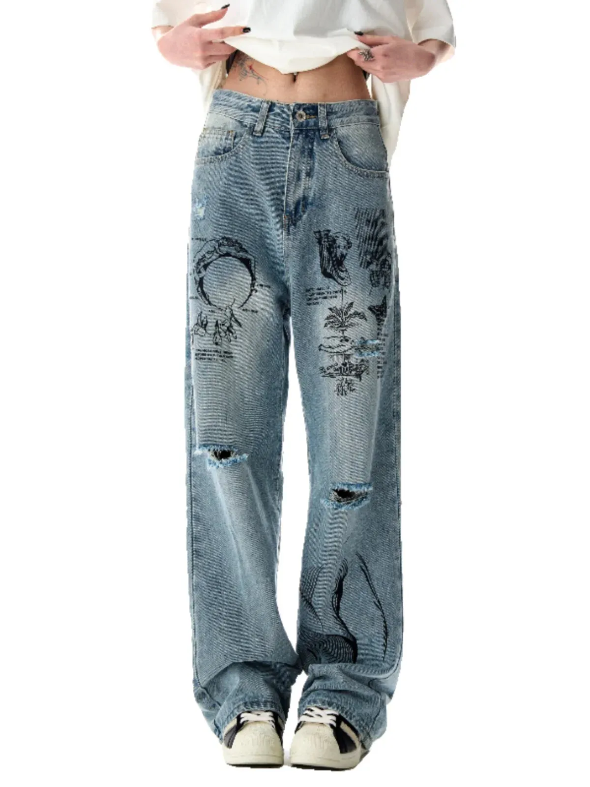 LVSANW 2024  American graffiti printed ripped jeans for men and women, washed and worn loose straight leg wide leg pants