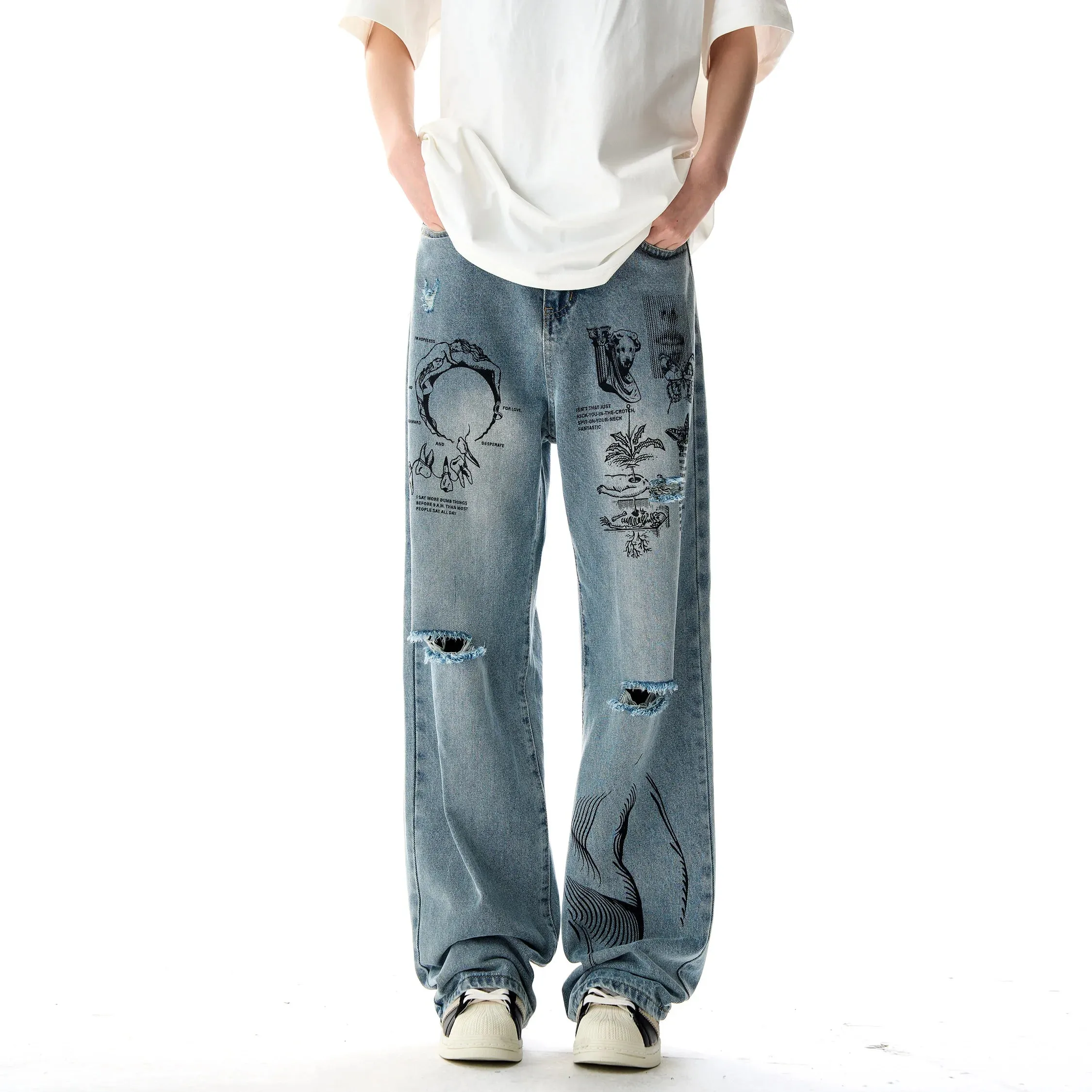 LVSANW 2024  American graffiti printed ripped jeans for men and women, washed and worn loose straight leg wide leg pants