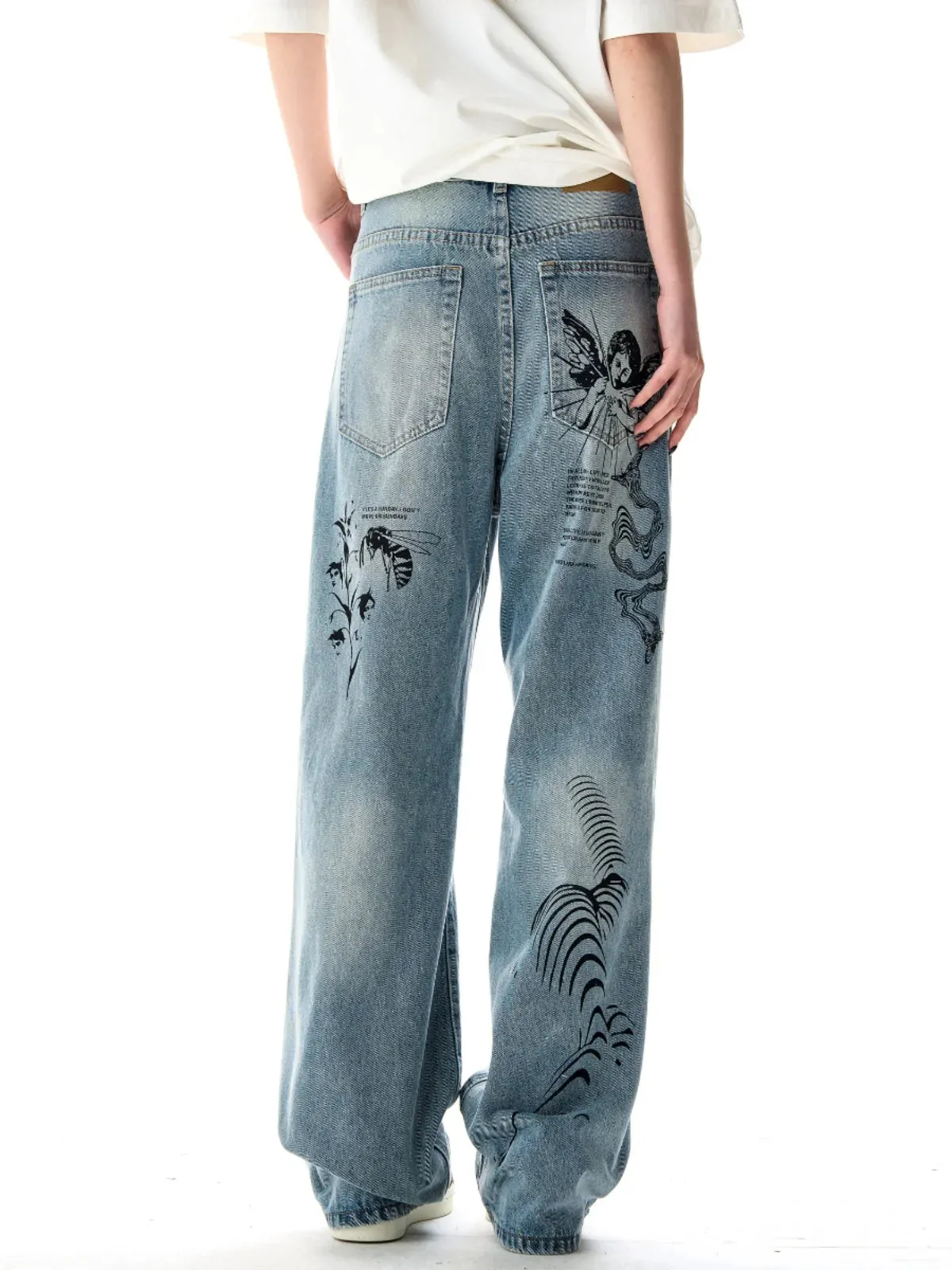 LVSANW 2024  American graffiti printed ripped jeans for men and women, washed and worn loose straight leg wide leg pants