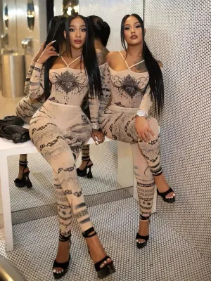 LVSANW eird Puss Sexy See Through Women 2 Piece Set Fashion Heart Print Slash Neck Bodysuit Leggings Matching Midnight Clubwear Suit