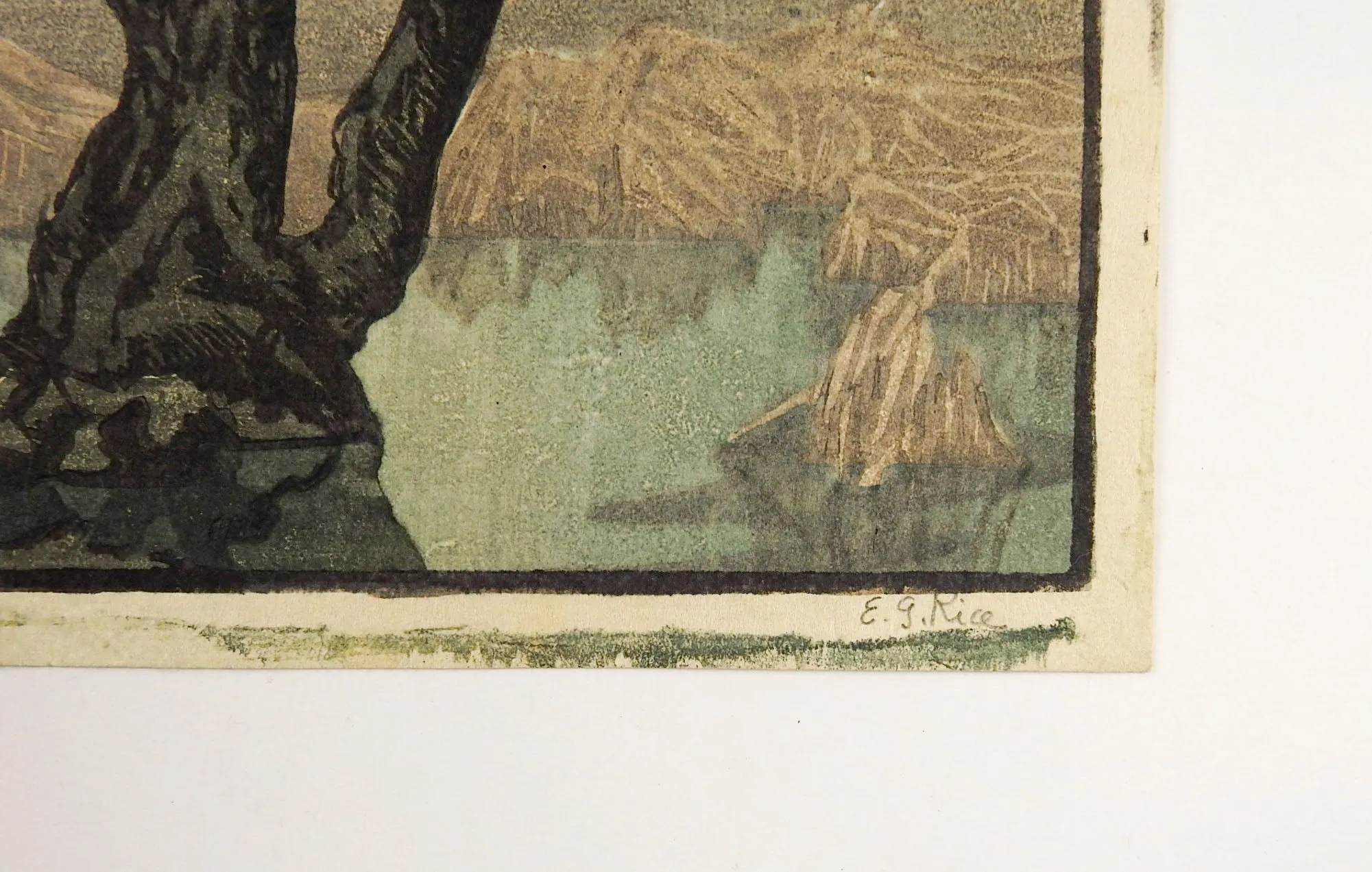 Mountains & Tree Evening Woodblock Print