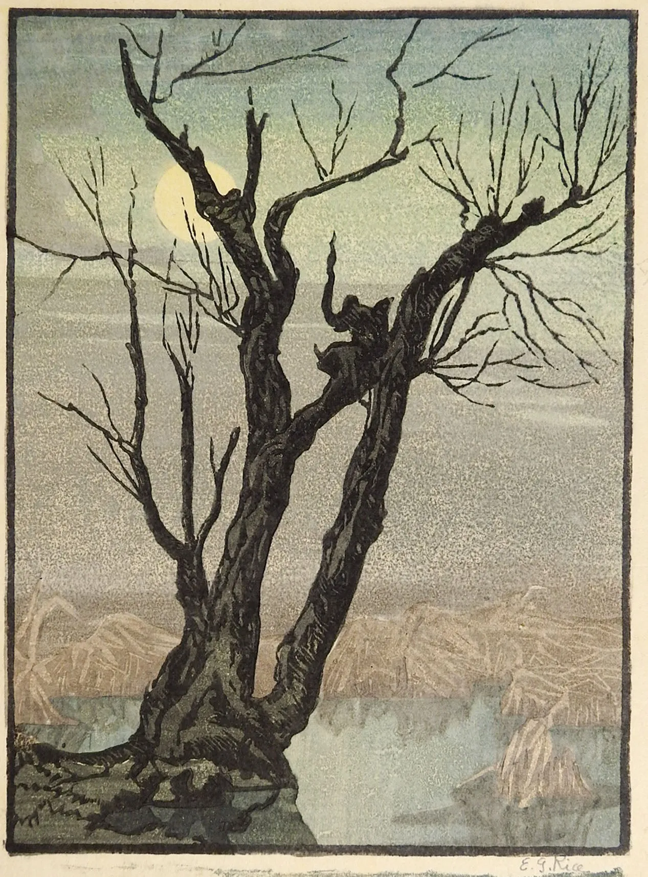 Mountains & Tree Evening Woodblock Print