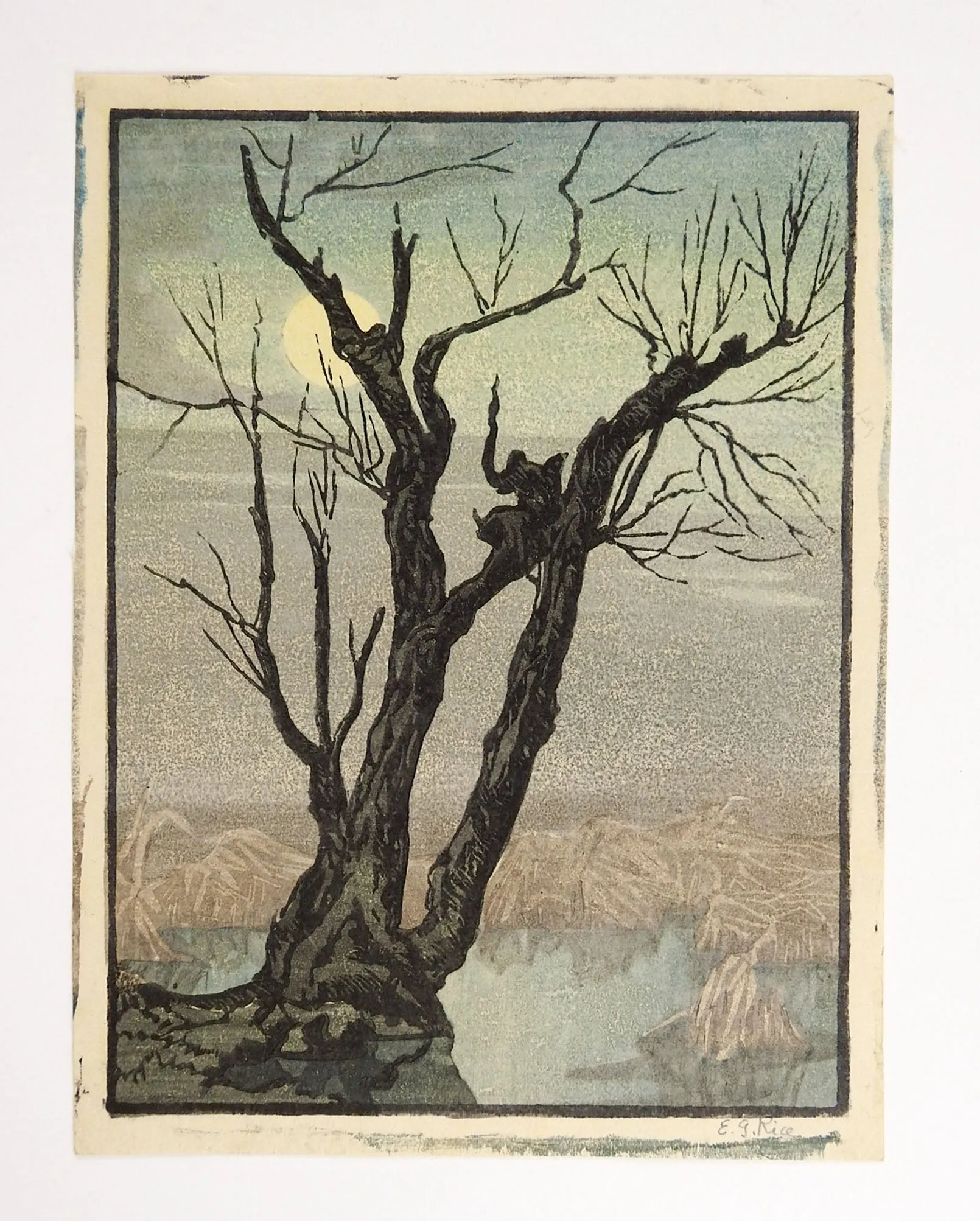 Mountains & Tree Evening Woodblock Print