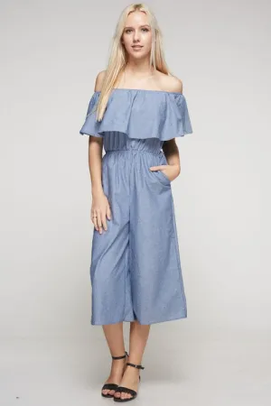 Off Shoulder Denim Cropped Jumpsuit