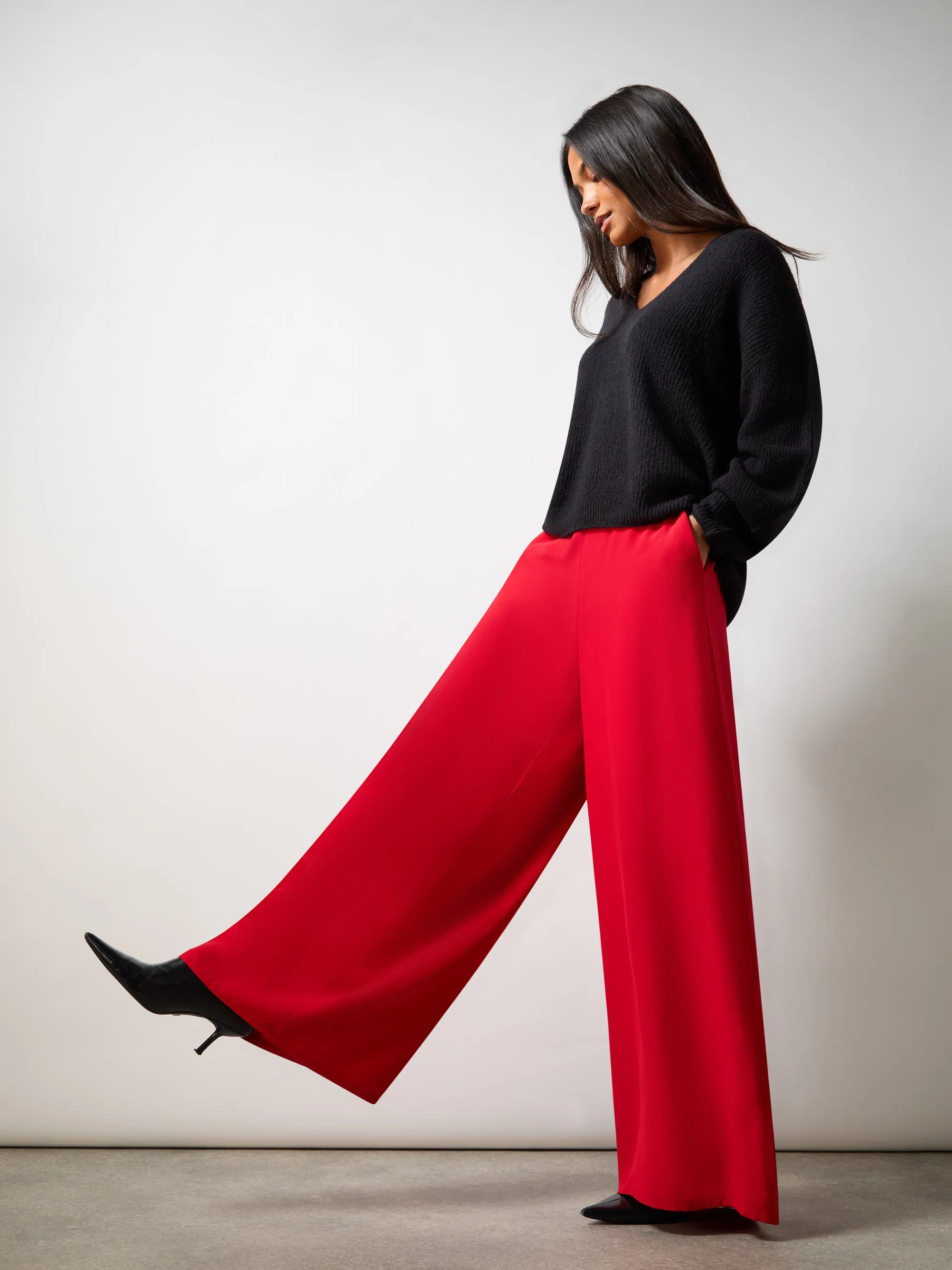 Petite Red Crepe Wide Leg Trouser