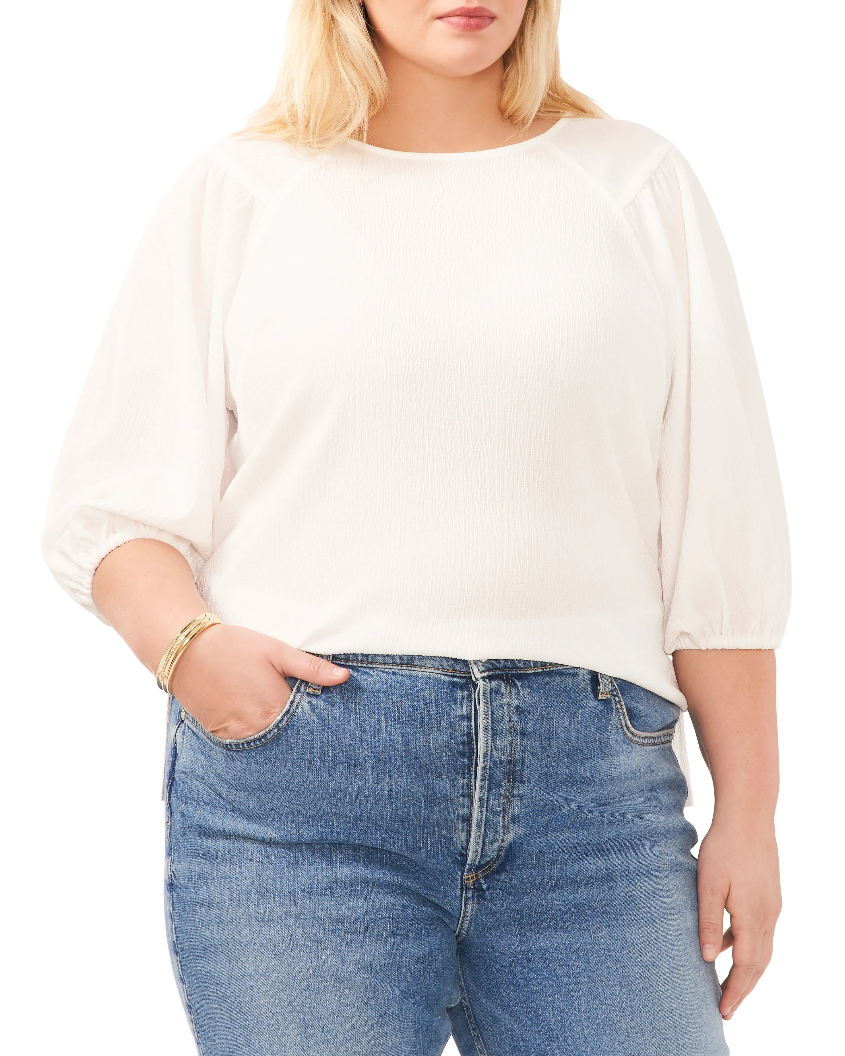 Plus-Size Textured Puff Sleeve Top