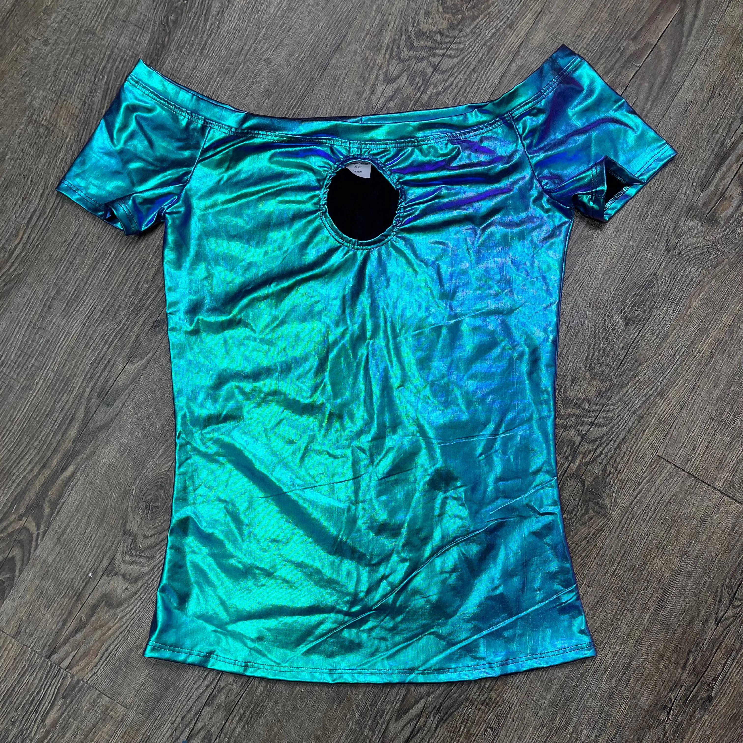 SALE - Full Length Cold Shoulder Keyhole Top - Oil Slick Holographic