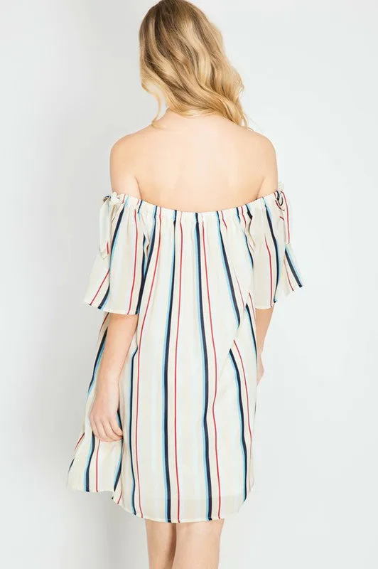 Striped Off Shoulder Silk Dress