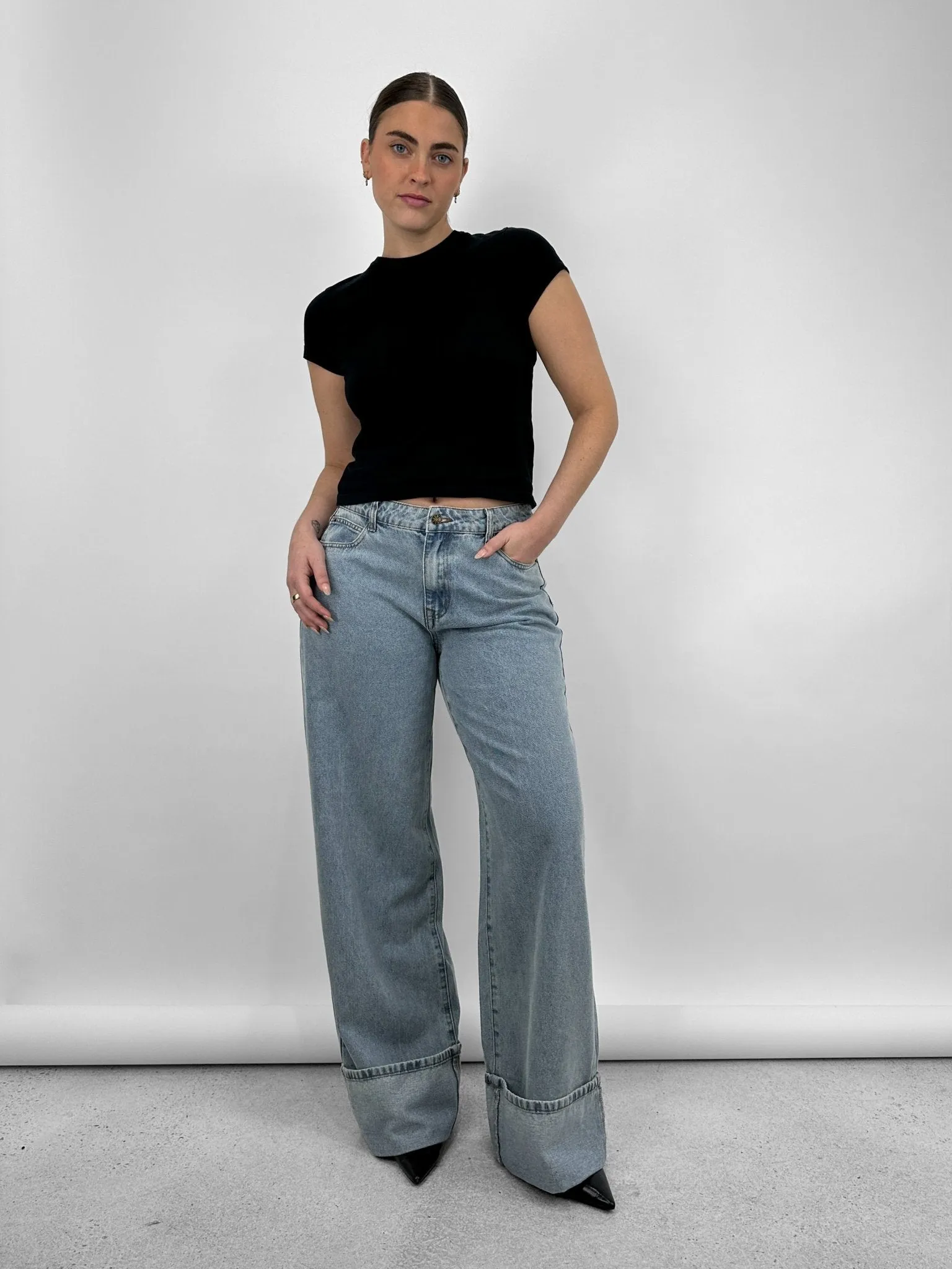 Wide Leg Cuffed Jeans