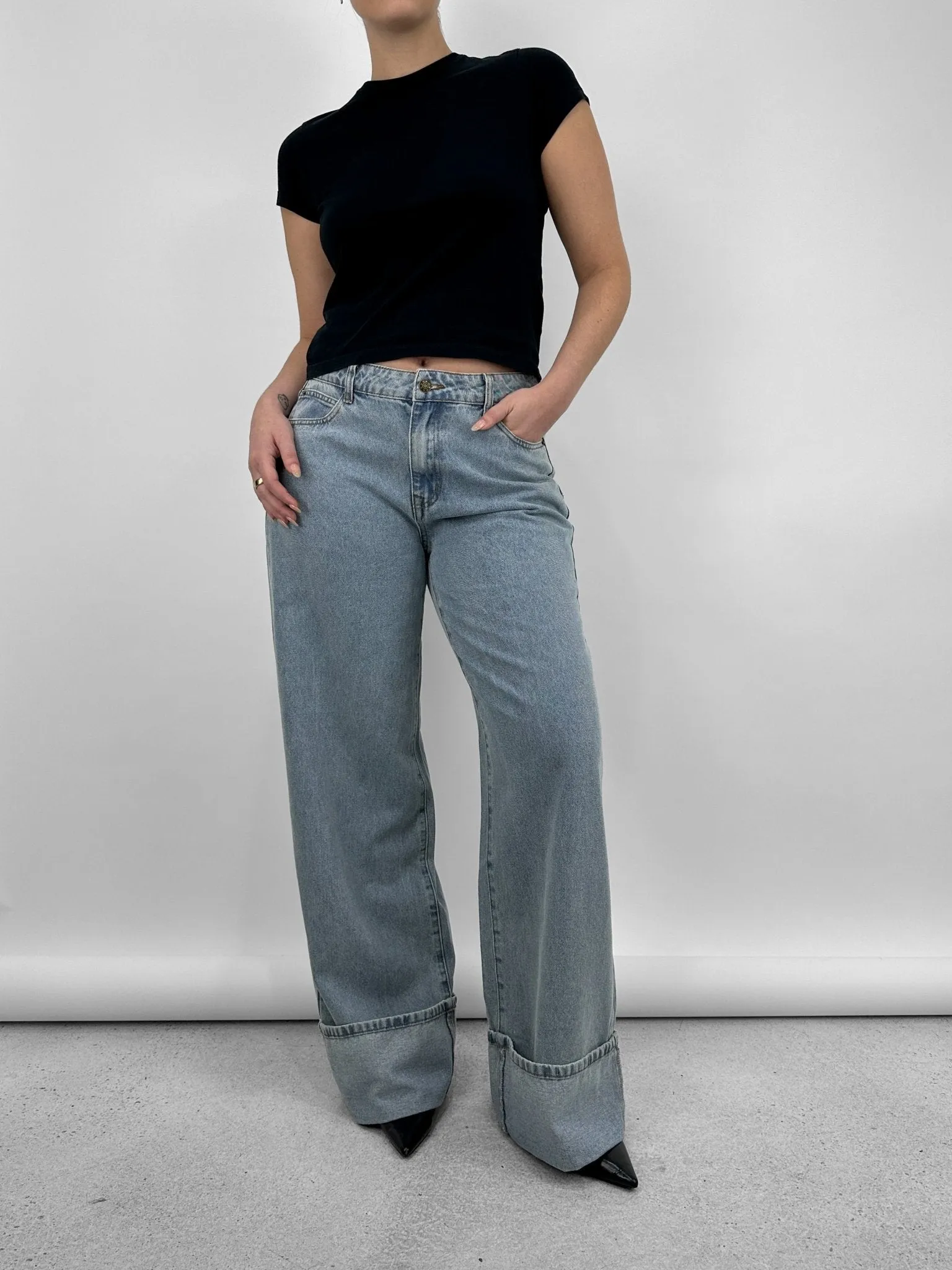 Wide Leg Cuffed Jeans