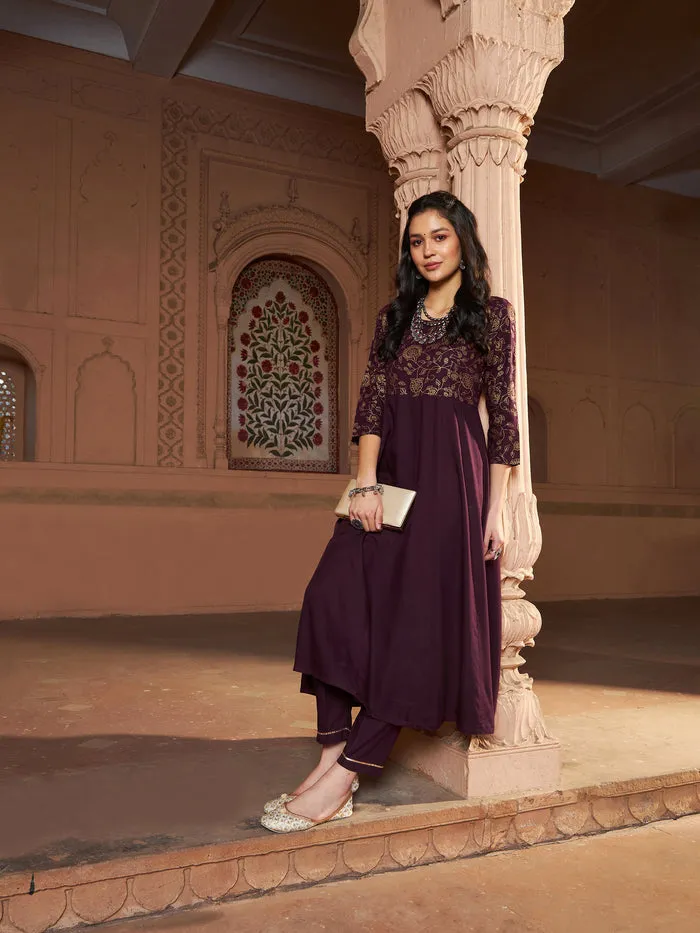 Women Burgundy Floral Bodice Foil Anarkali Kurta With Pants